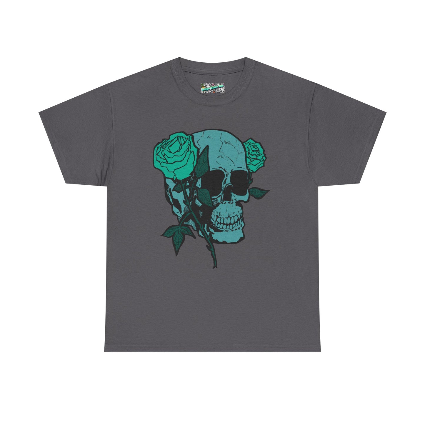 Skull & Roses Graphic Tee — Teal Skull Floral T-Shirt