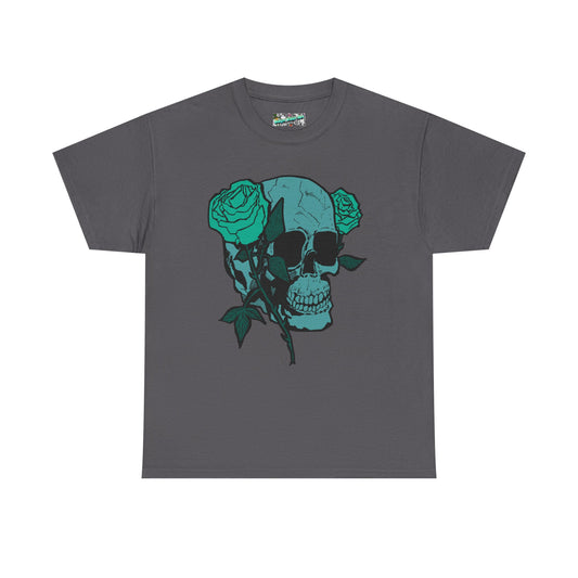 Skull & Roses Graphic Tee — Teal Skull Floral T-Shirt