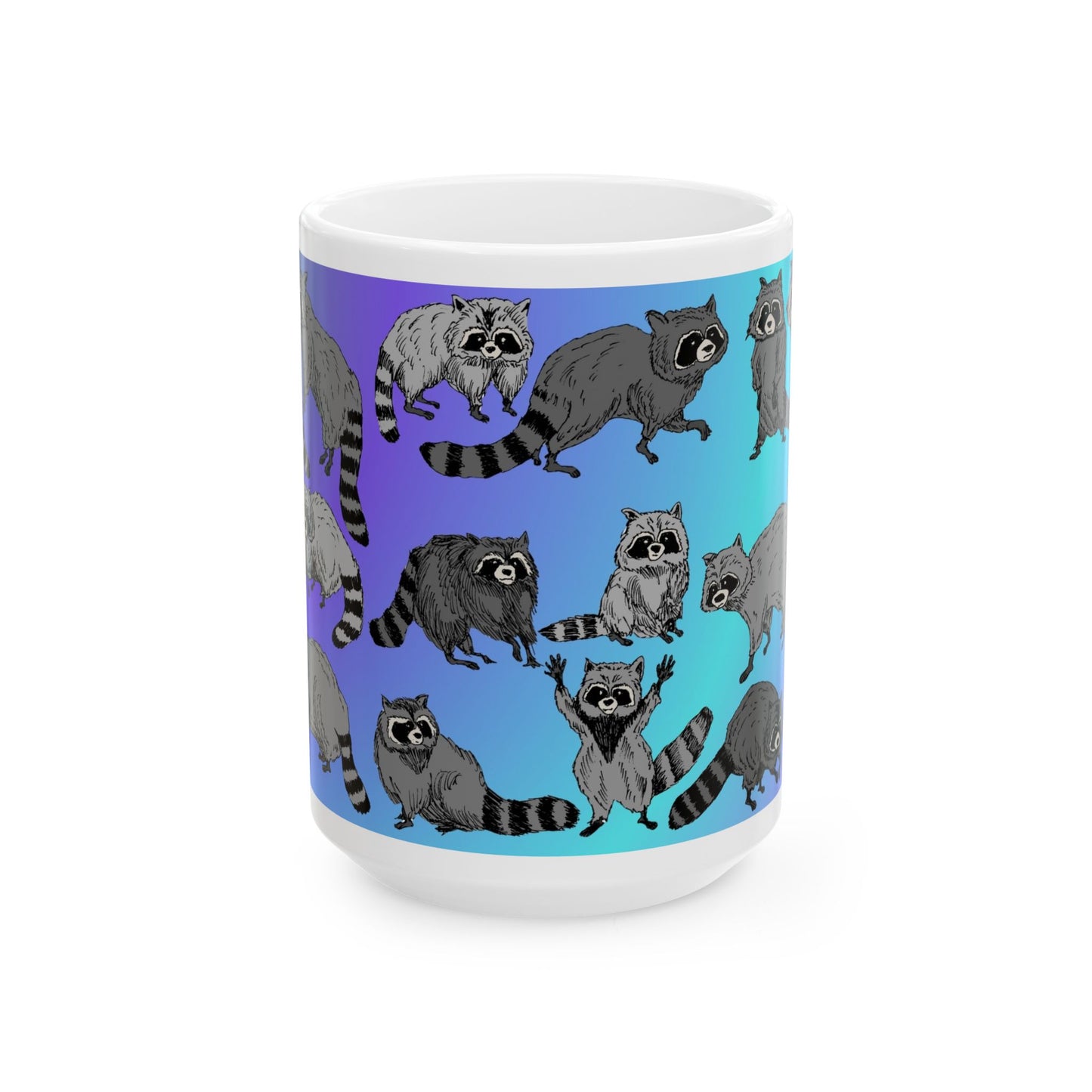 Raccoon Pattern Ceramic Mug — Cute Cartoon Raccoons on Gradient Background (11oz, 15oz)