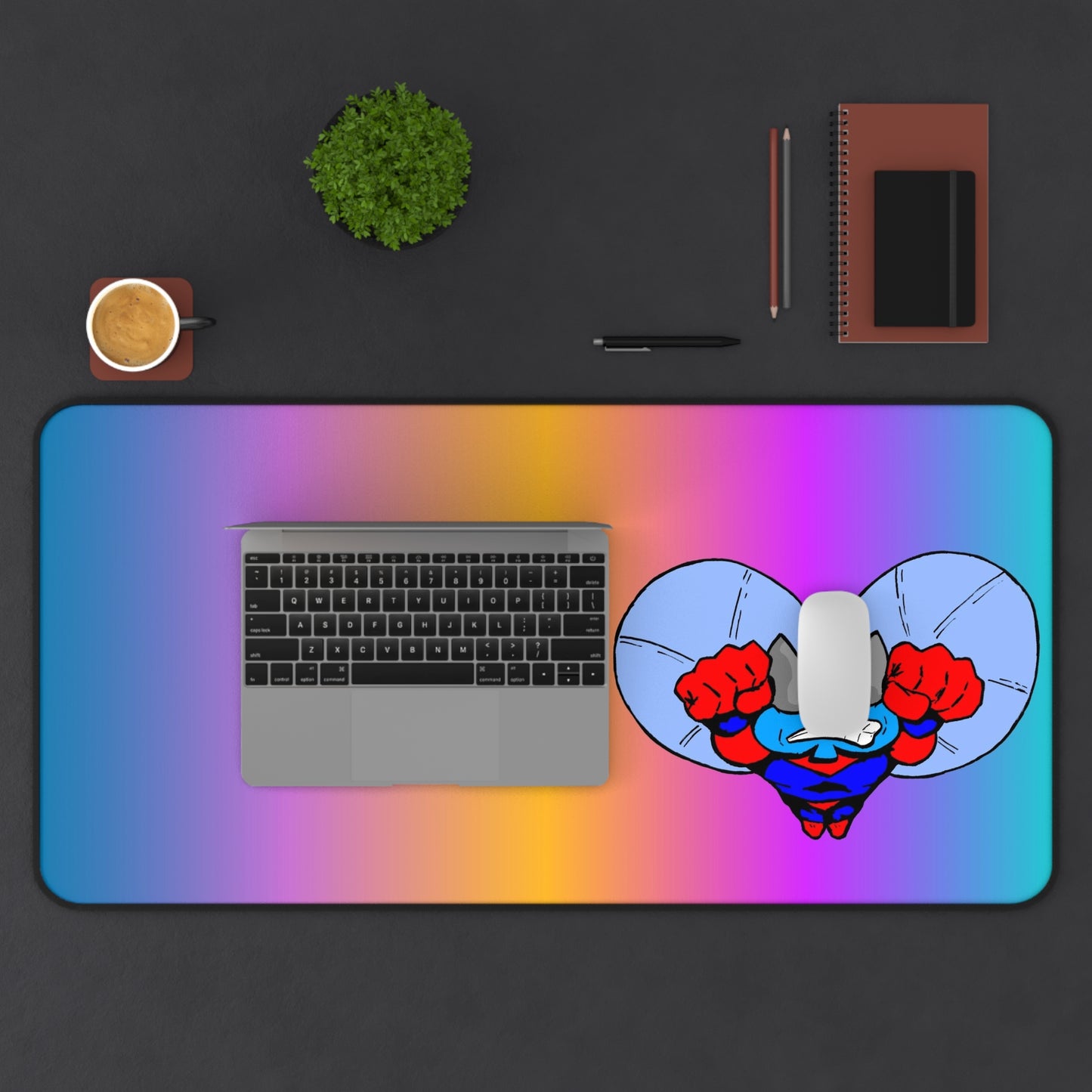 Astro-Fly Flying Rainbow Gradient Desk Mat with Superhero Graphic — Large Gaming/Work Mousepad
