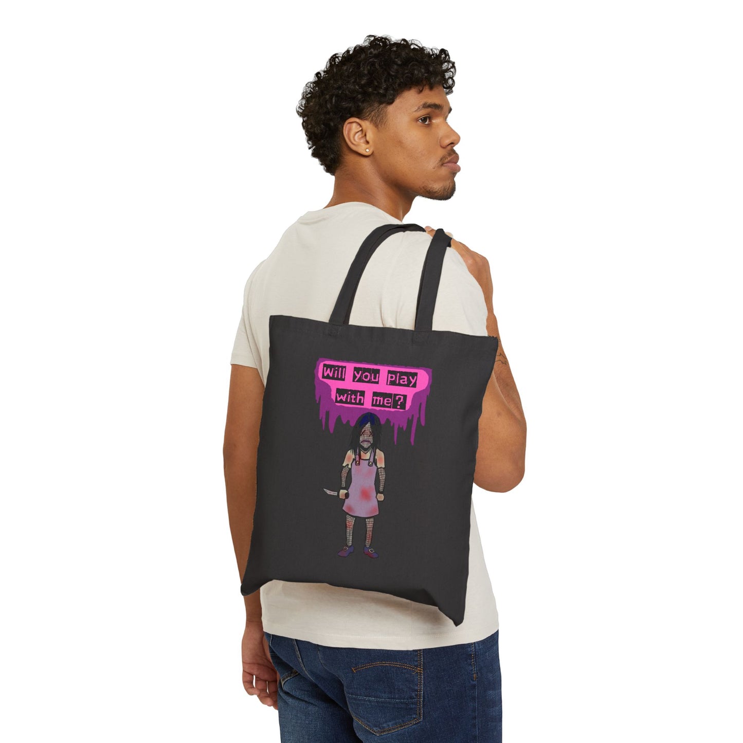 Tote Bag — 'Will You Play With Me?' Horror Creepy Doll Canvas Tote