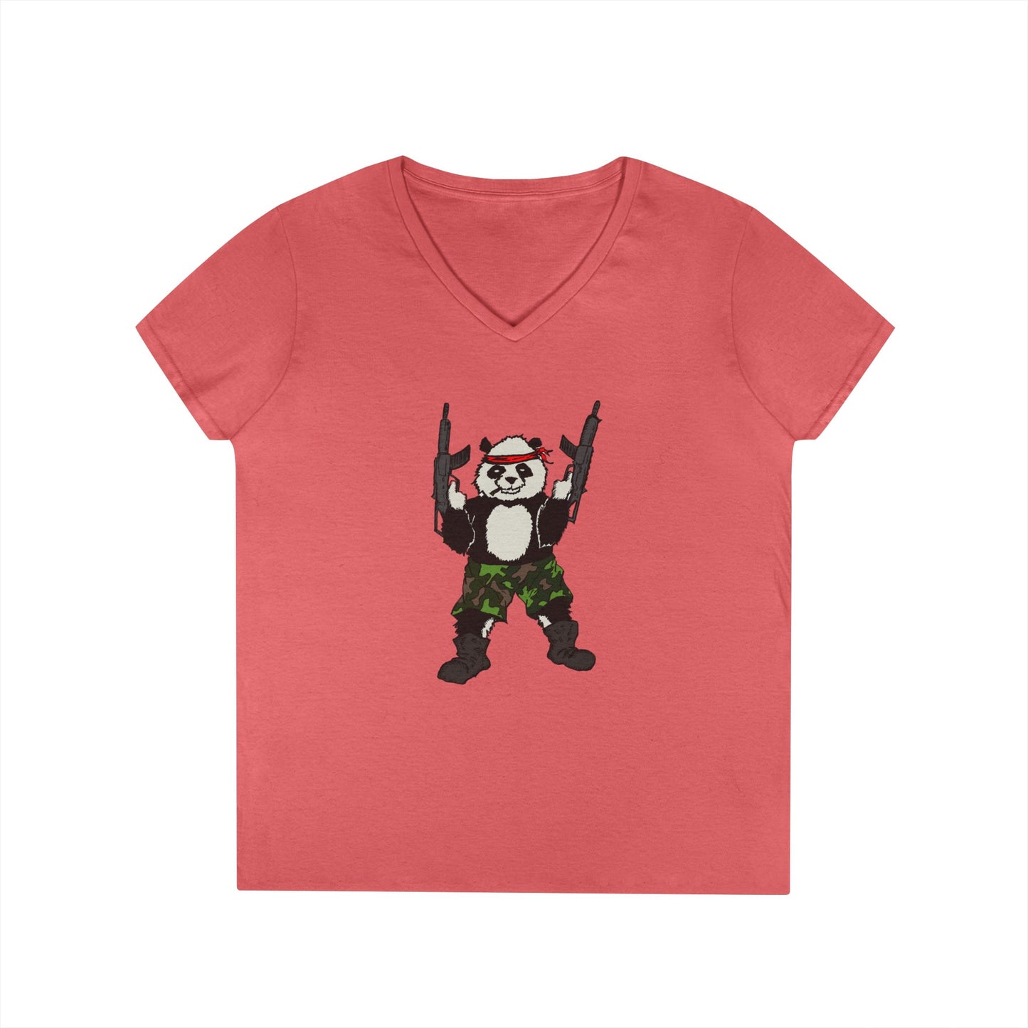 Ladies' V-Neck T-Shirt - Cool Panda with Guns Graphic Tee