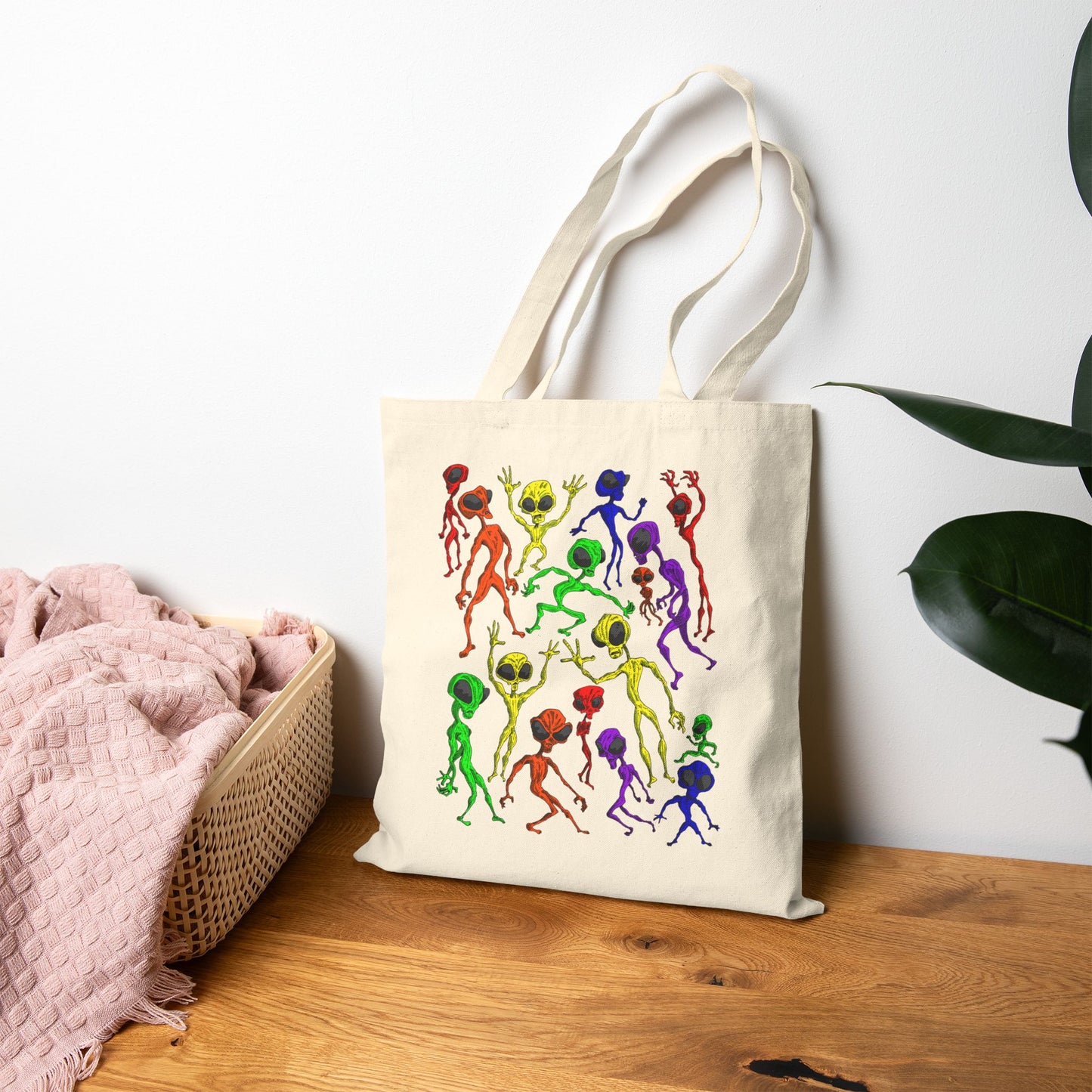 Alien Dance Party Canvas Tote Bag — Colorful Dancing Aliens Graphic Eco Shopper