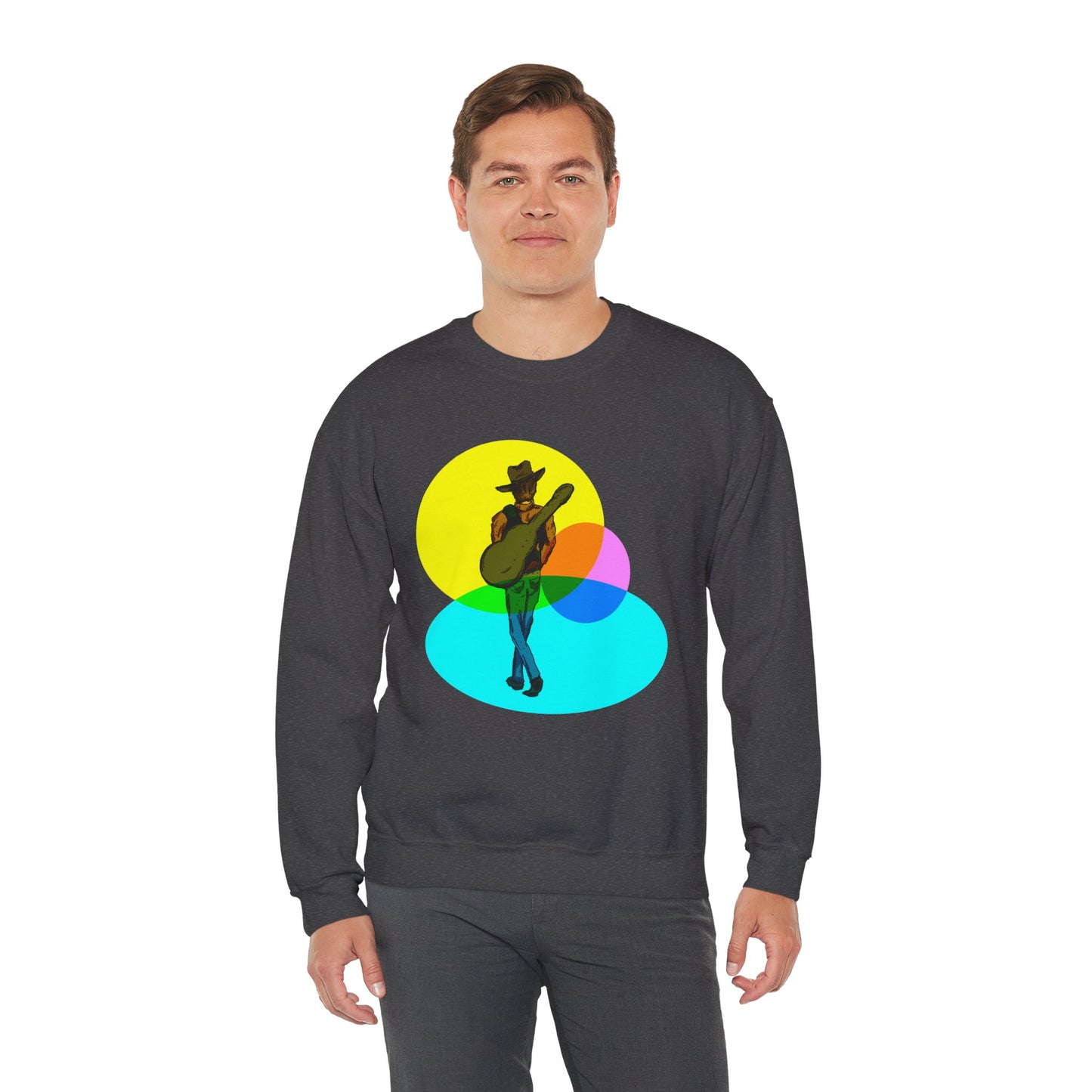 Cowboy Guitarist Graphic Sweatshirt — Retro Color Spot Music Pullover