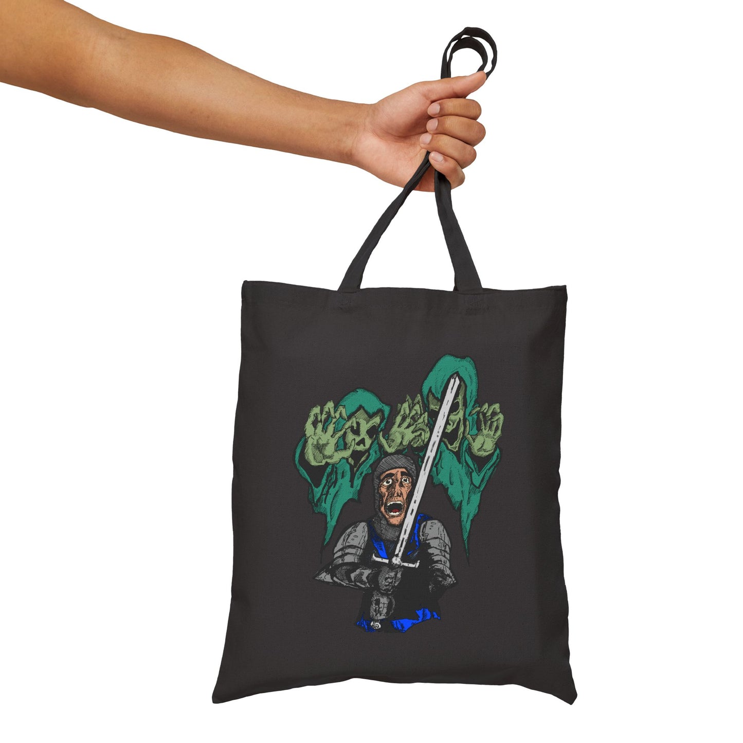 Knight Fright Graphic Canvas Tote — Warrior with Sword & Wraiths Design