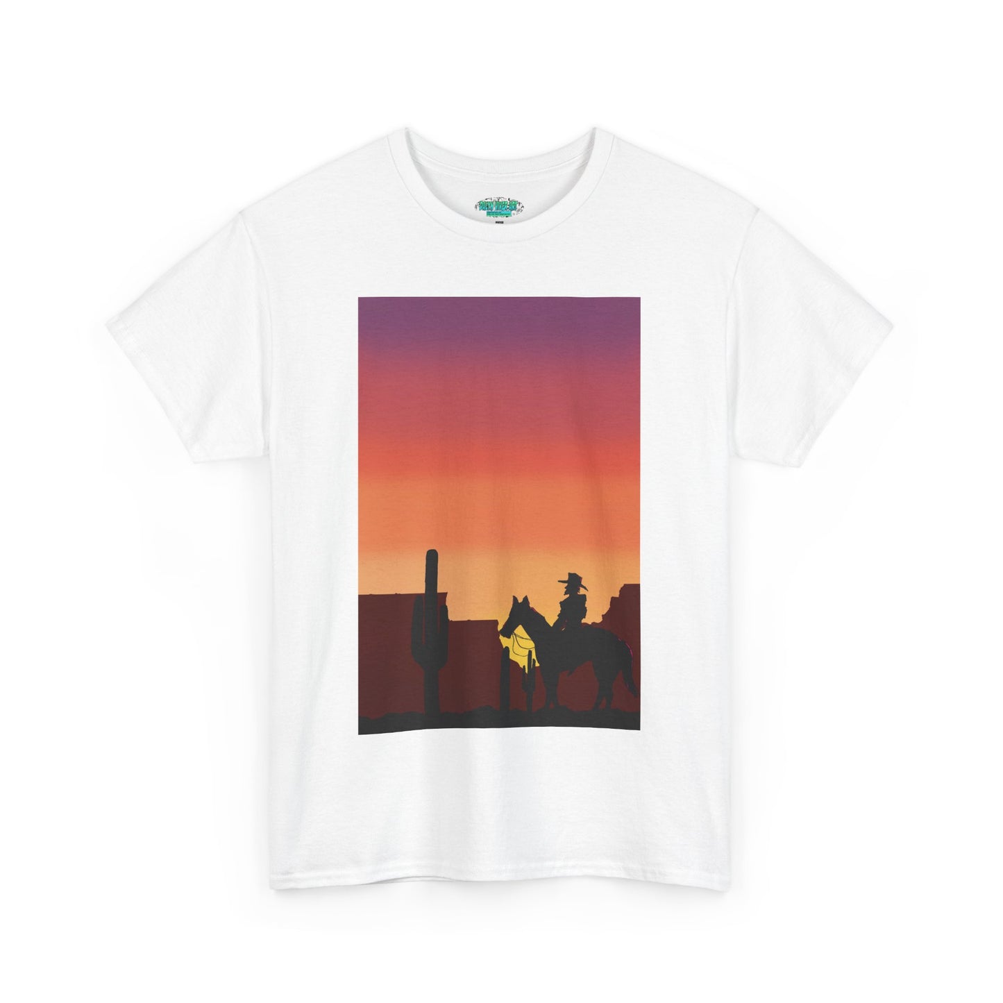 Sunset Cowboy Unisex Heavy Cotton Tee - Western Graphic Tee for Nature Lovers