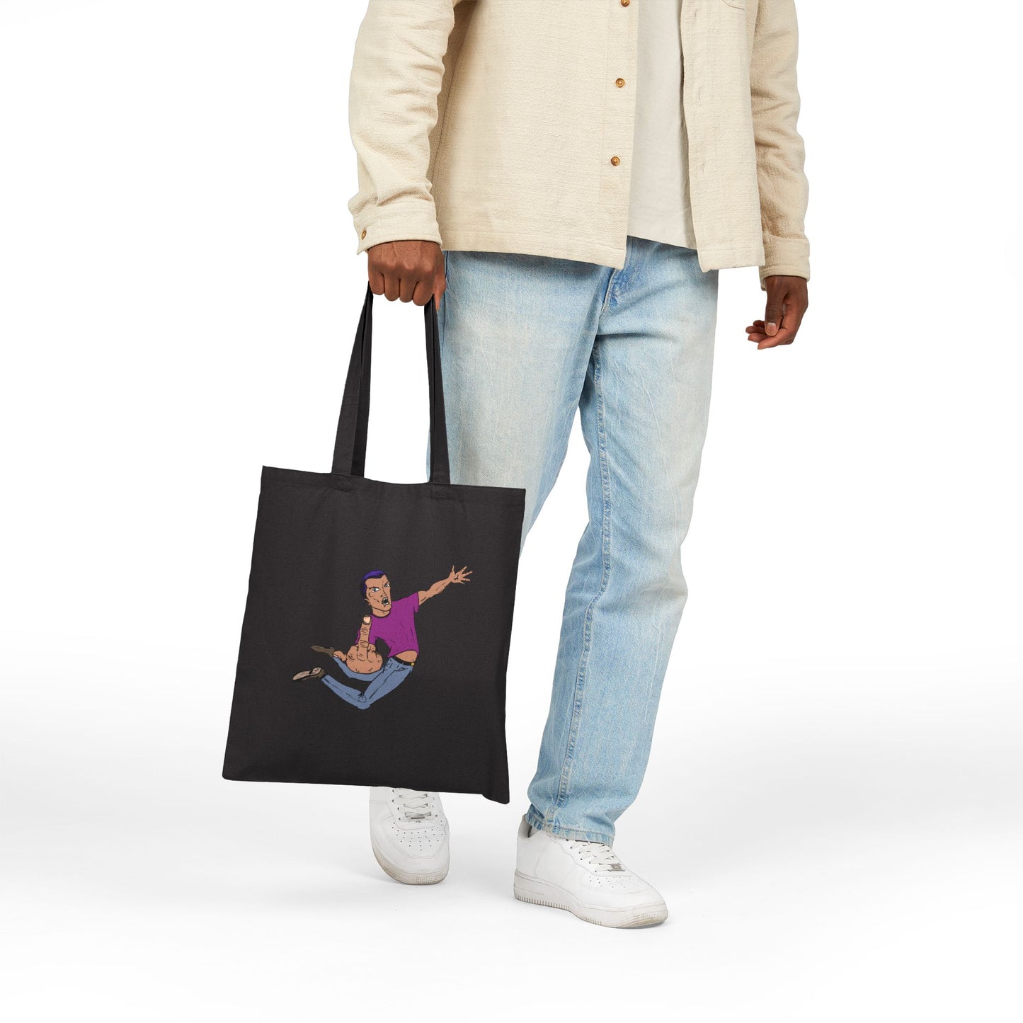 Giving a Flying Eff Tote Bag — Playful Retro Man Jumping Illustration Cotton Canvas Tote
