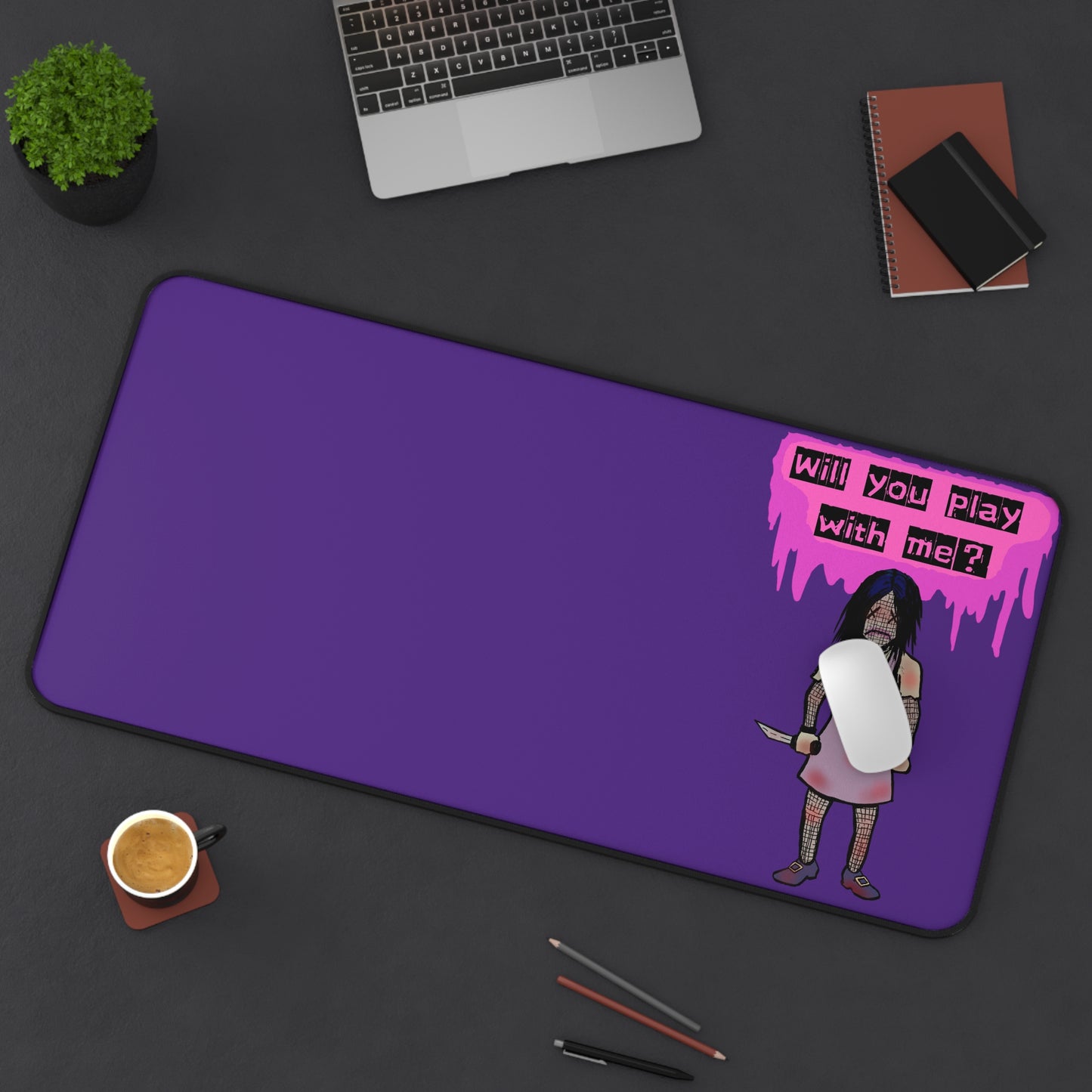 Gothic Playful Evil Doll Desk Mat - Perfect for Gamers, Artists, Halloween Decor, Home Office Decor, Unique Gift Ideas