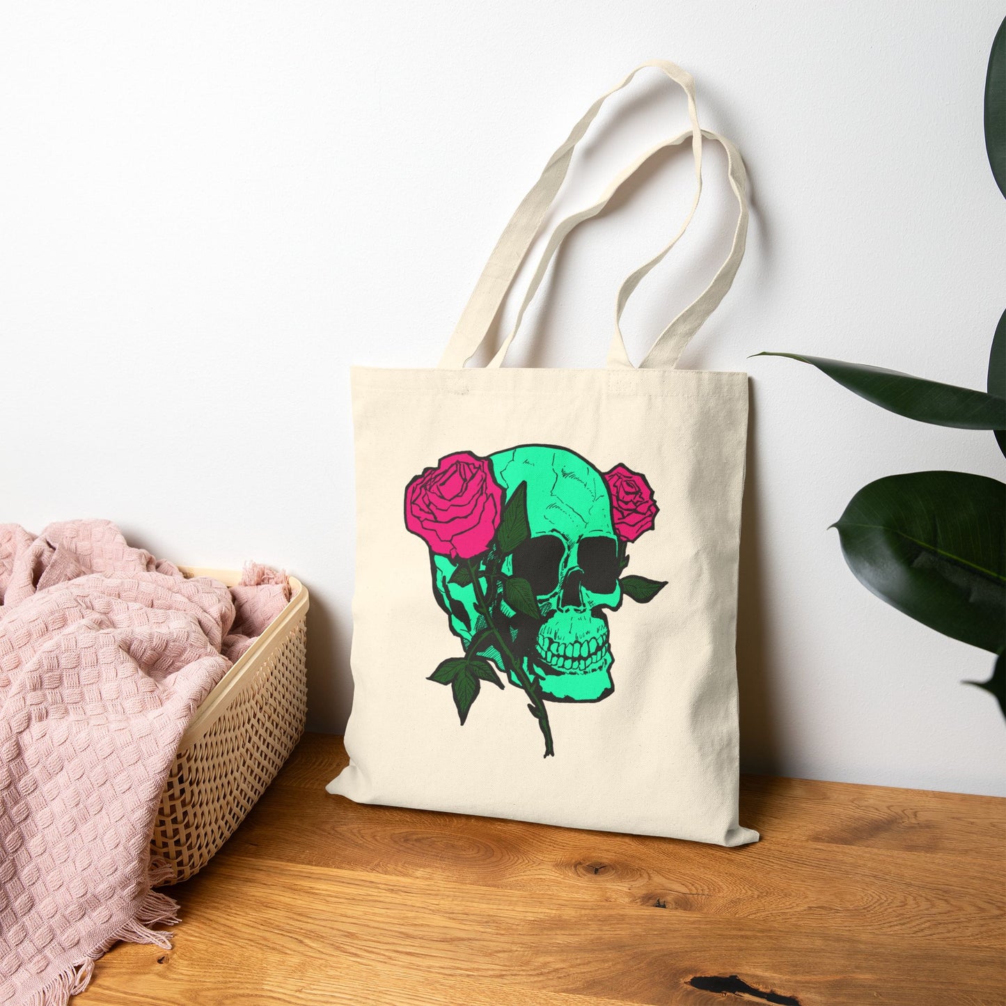 Skull & Roses Canvas Tote — Green Skull with Pink Roses Cotton Bag