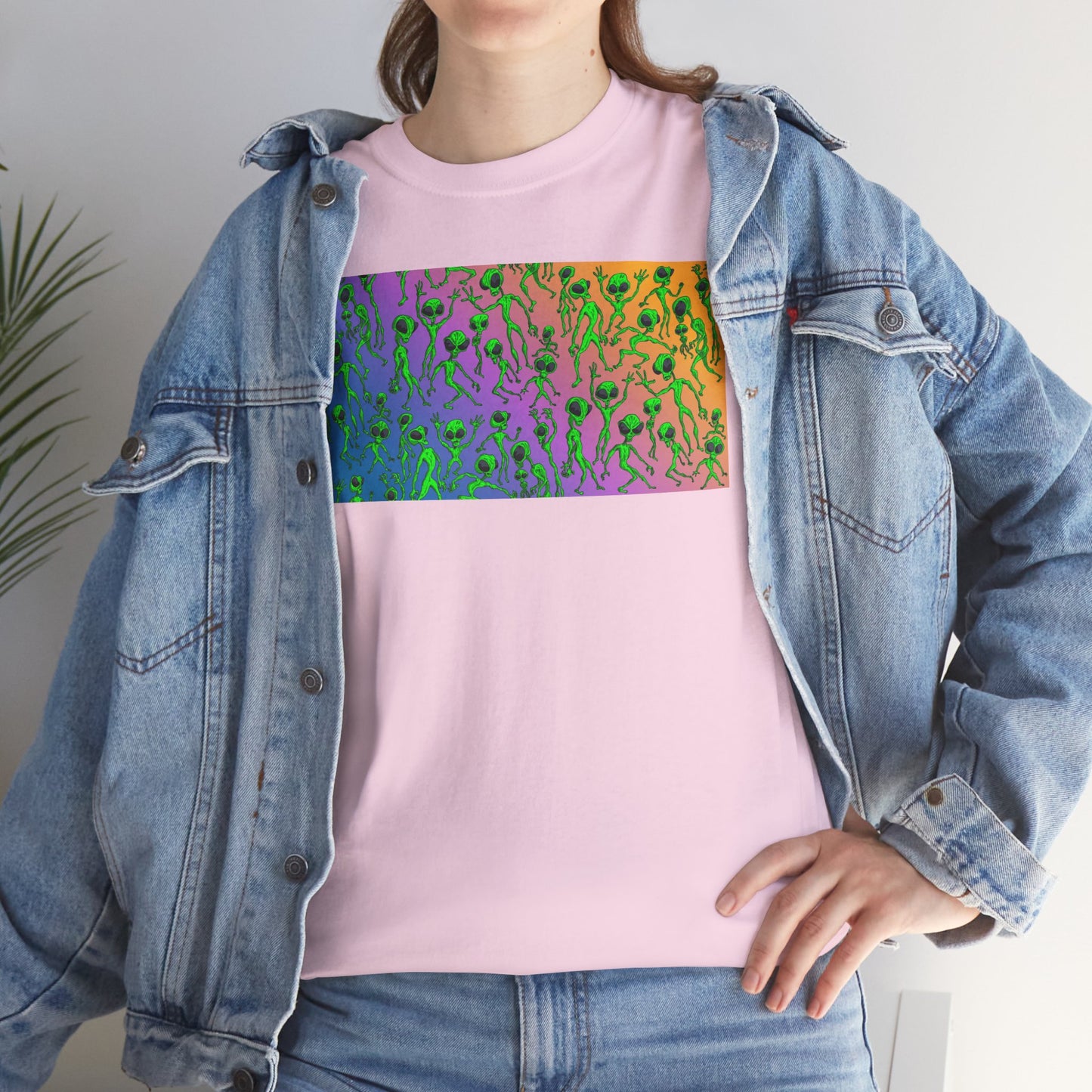 Alien Dance Party Gradient Tee — Colorful Psychedelic Green Aliens Art T-Shirt