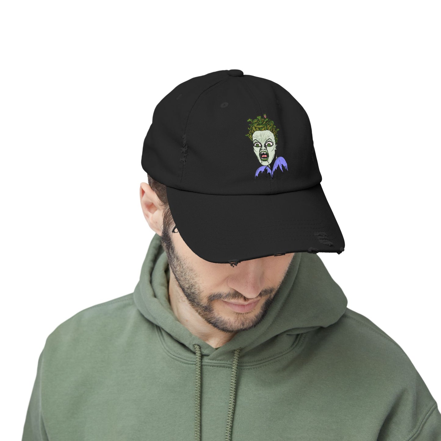 Medusa Unisex Distressed Cap with Eerie Design, Casual Hat, Halloween Accessory, Statement Cap, Gift for Horror Fans, Trendy Distressed Hat