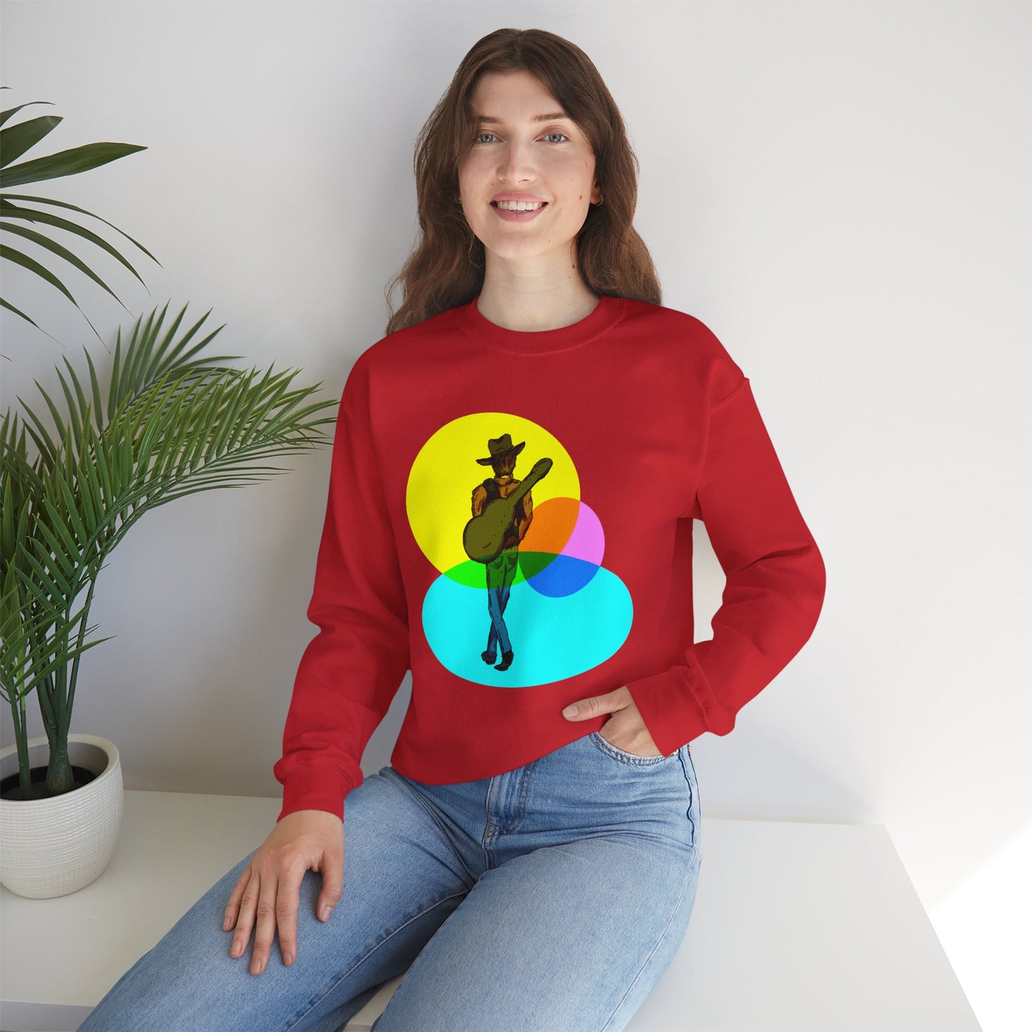 Cowboy Guitarist Graphic Sweatshirt — Retro Color Spot Music Pullover