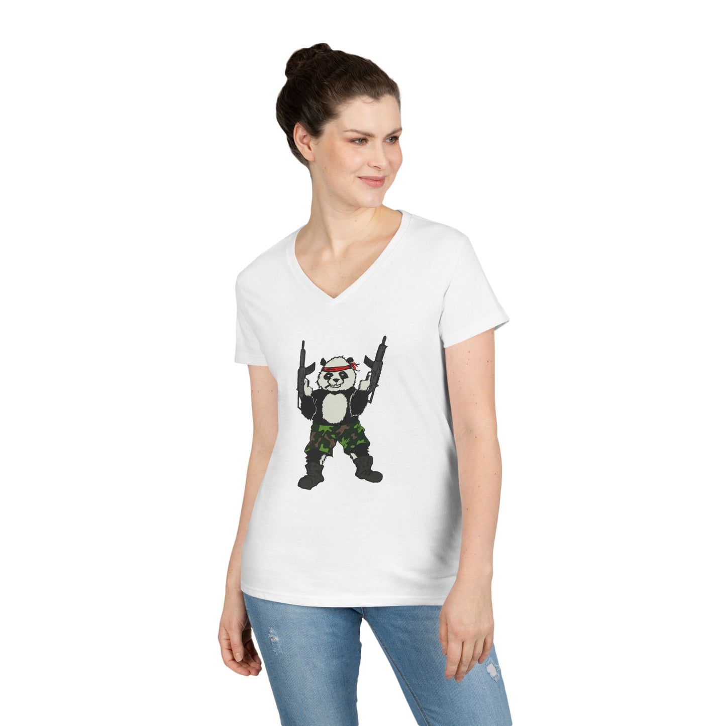 Ladies' V-Neck T-Shirt - Cool Panda with Guns Graphic Tee