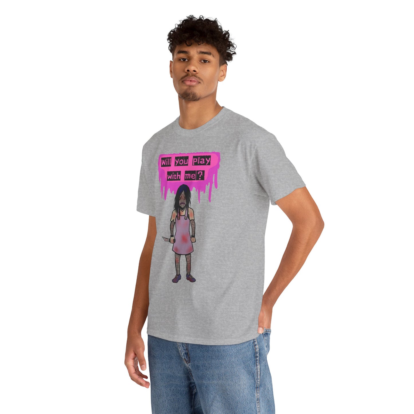 Playful Evil Doll Horror Graphic Tee, Unisex Heavy Cotton Shirt, Casual Wear, Unique Gift, Halloween Costume, Quirky Fashion