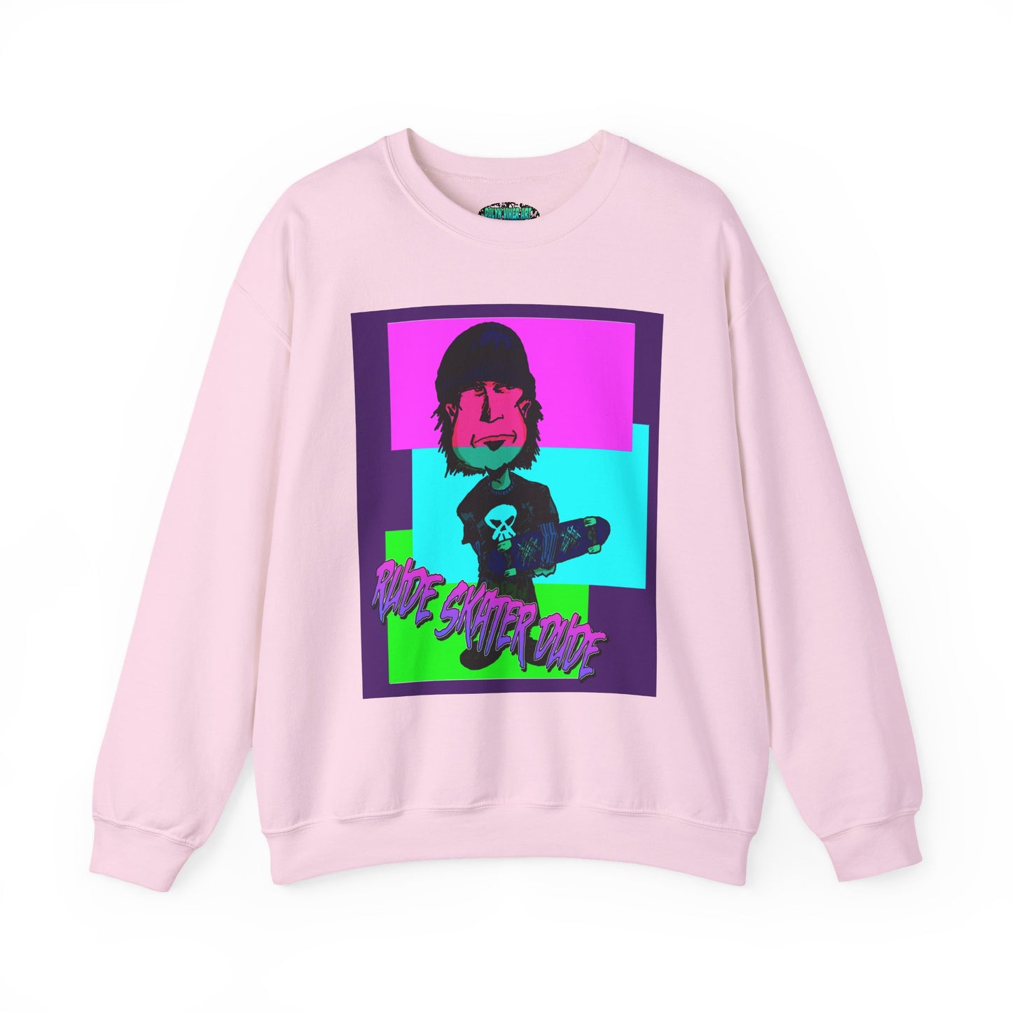 Crewneck Sweatshirt — Retro Neon Skate Punk "Rude Skater Dude" Graphic