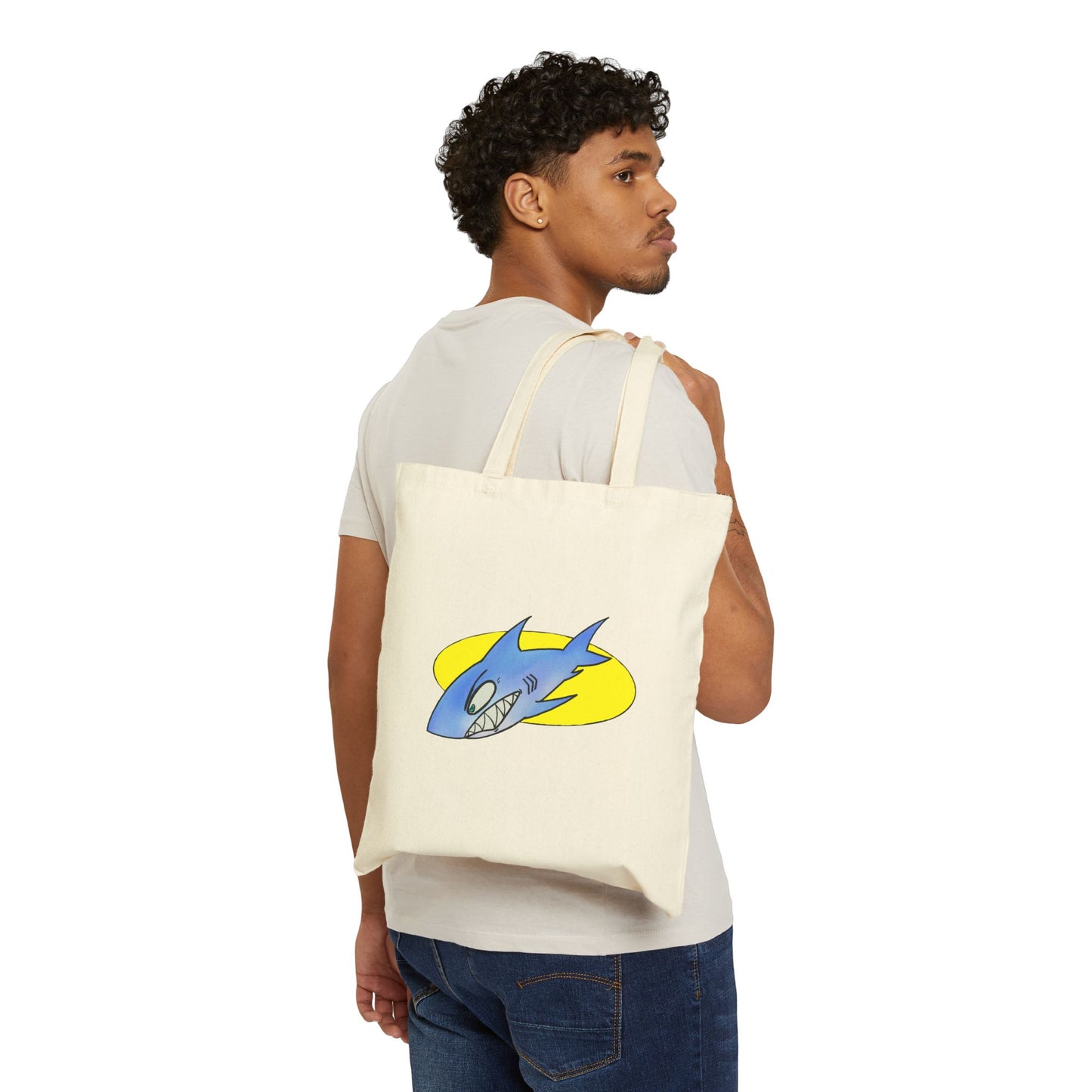 Shark Graphic Tote Bag – Retro Blue Shark Design on Natural Canvas