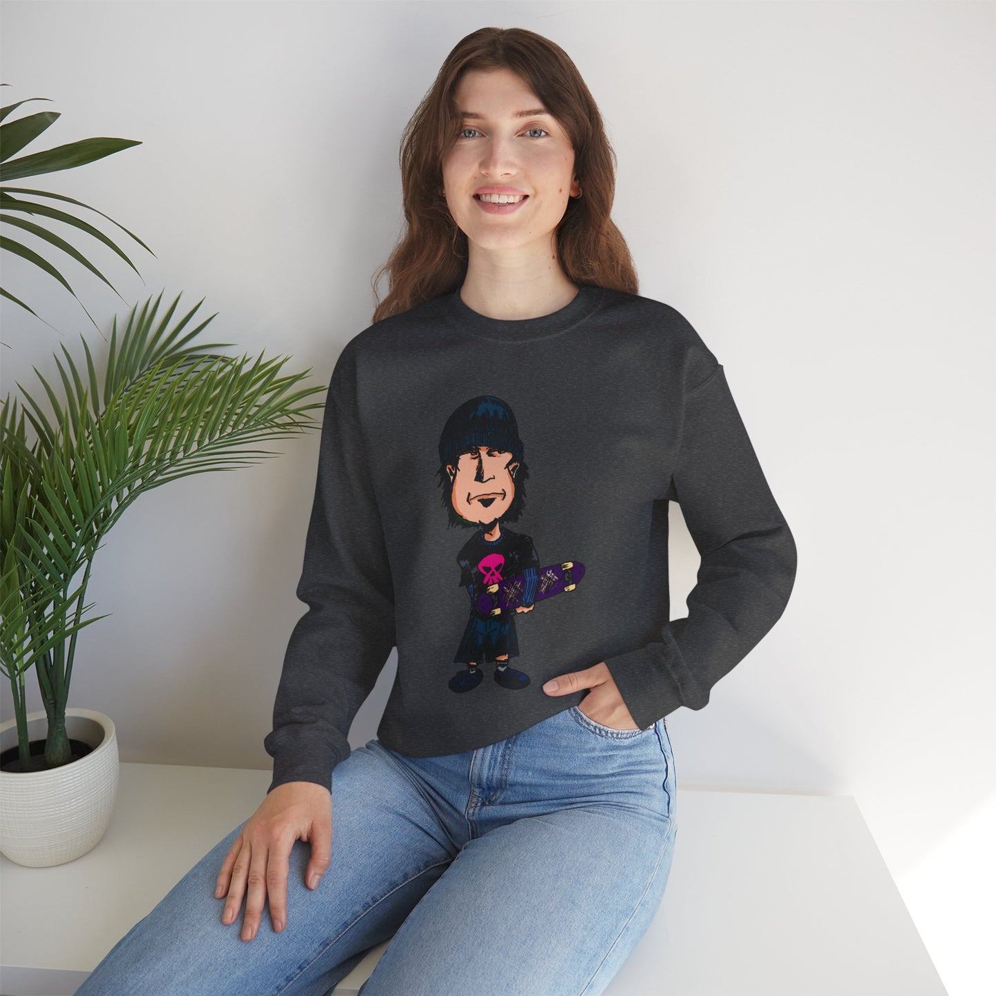 Rude Skater Dude - Skate Punk - Cartoon Skater Crewneck Sweatshirt – Cute Skateboarder Graphic Pullover