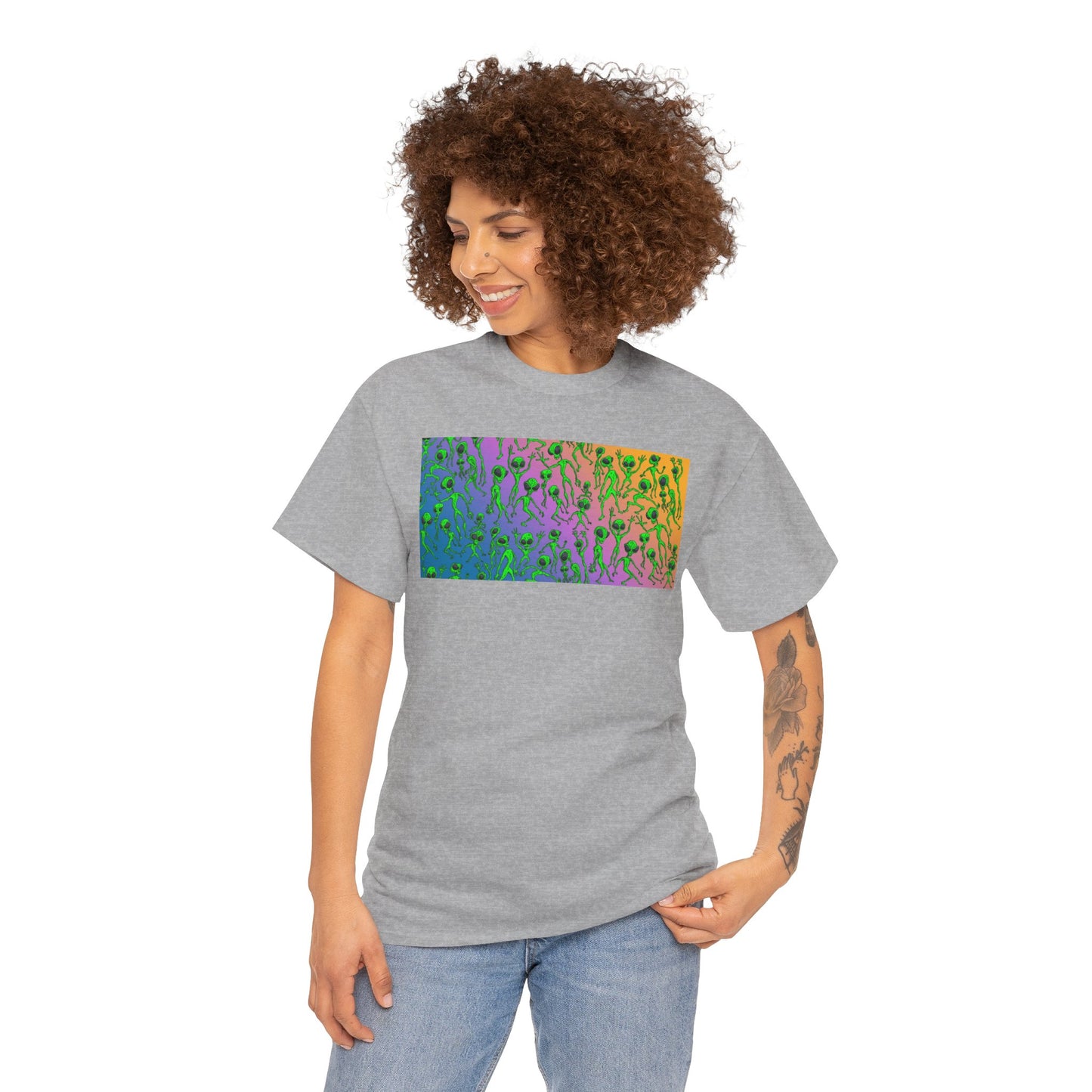 Alien Dance Party Gradient Tee — Colorful Psychedelic Green Aliens Art T-Shirt