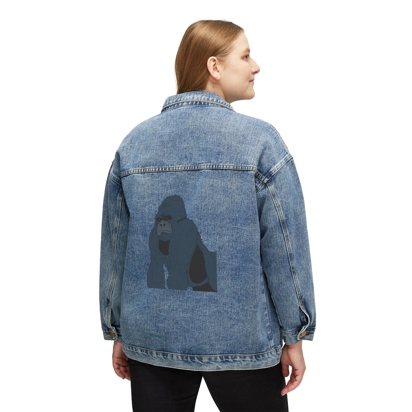Women's Denim Jacket with Minimalist Gorilla Back Print - Casual Cool Outerwear