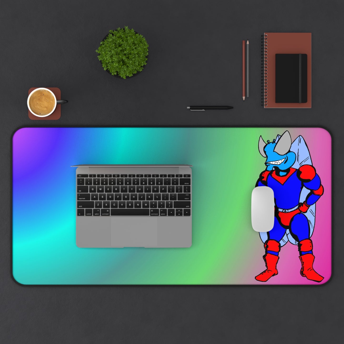 Astro-Fly Colorful Gradient Desk Mat with Retro Superhero Bug Illustration