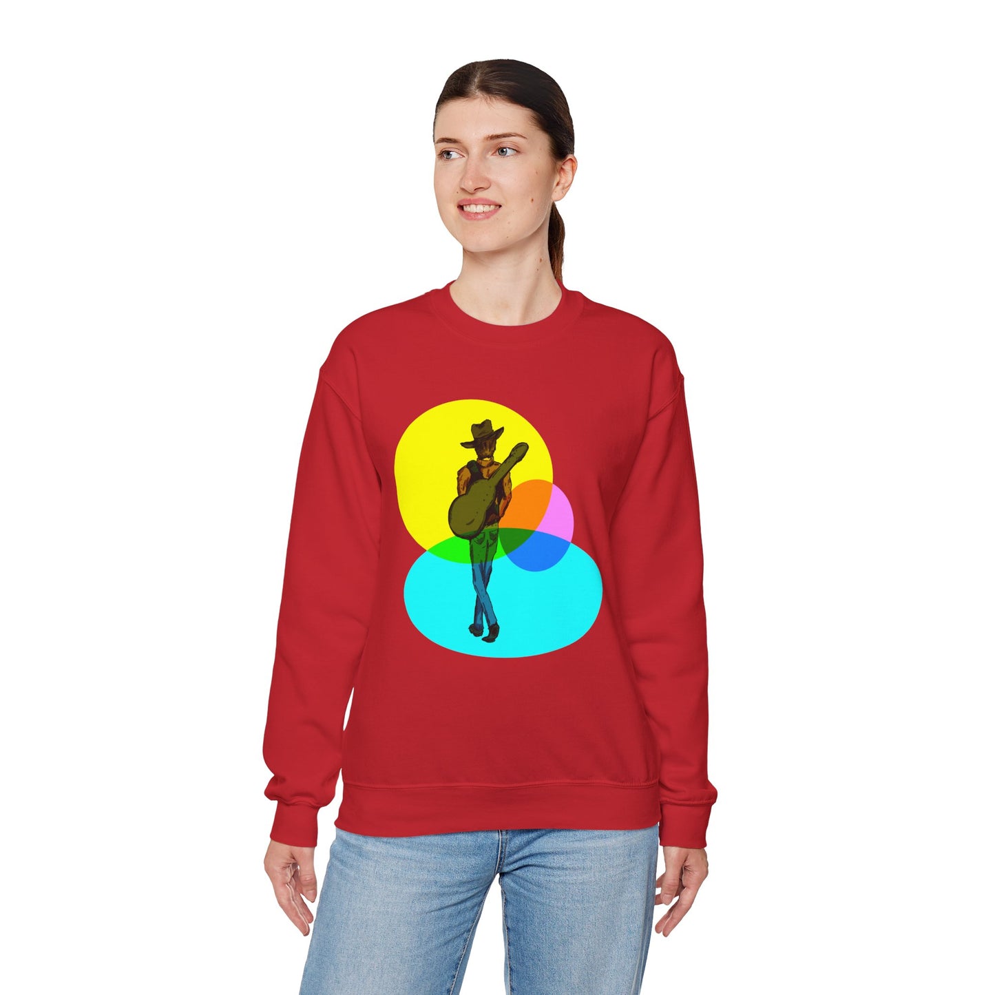 Cowboy Guitarist Graphic Sweatshirt — Retro Color Spot Music Pullover