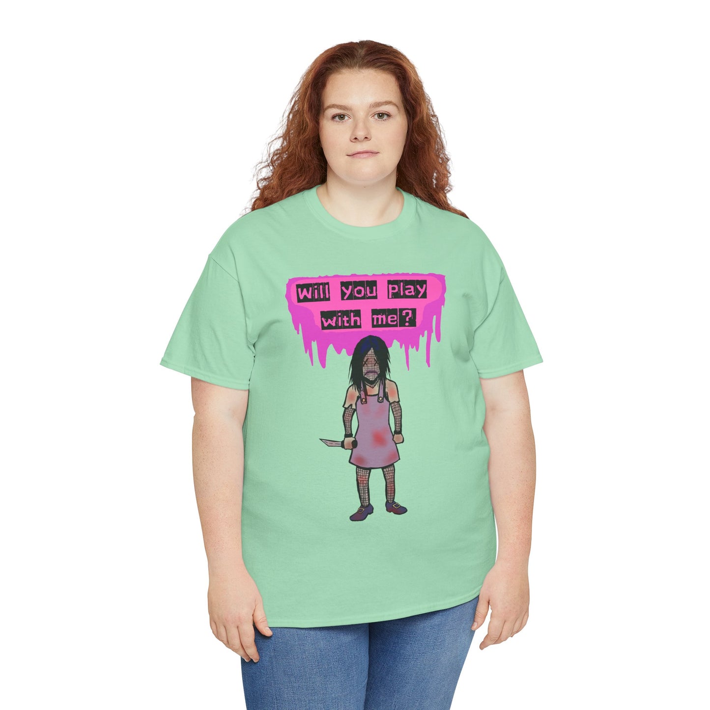 Playful Evil Doll Horror Graphic Tee, Unisex Heavy Cotton Shirt, Casual Wear, Unique Gift, Halloween Costume, Quirky Fashion