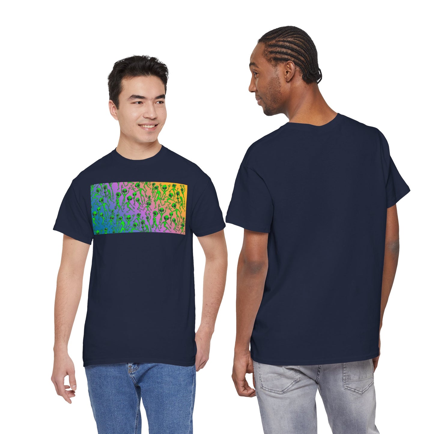 Alien Dance Party Gradient Tee — Colorful Psychedelic Green Aliens Art T-Shirt