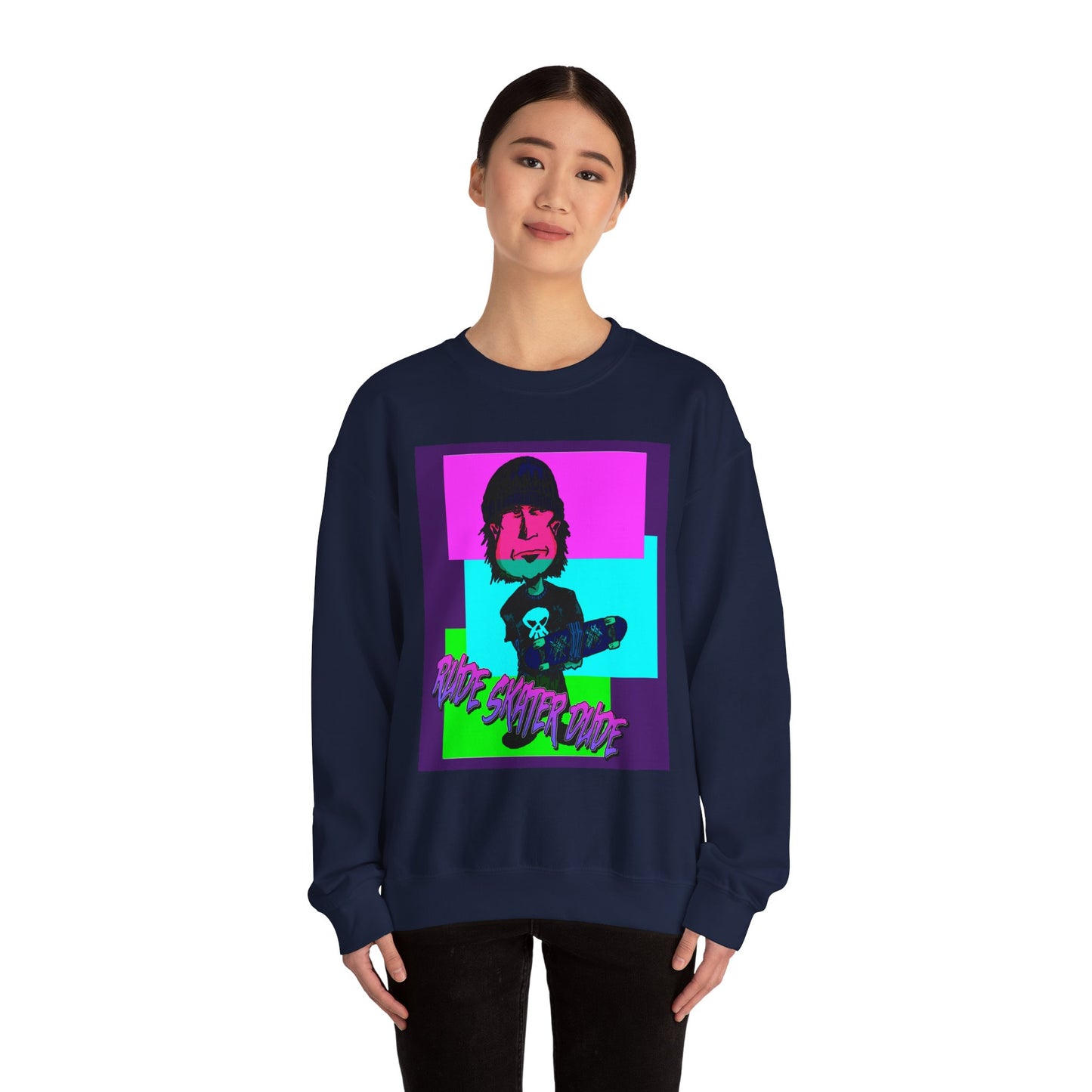 Crewneck Sweatshirt — Retro Neon Skate Punk "Rude Skater Dude" Graphic