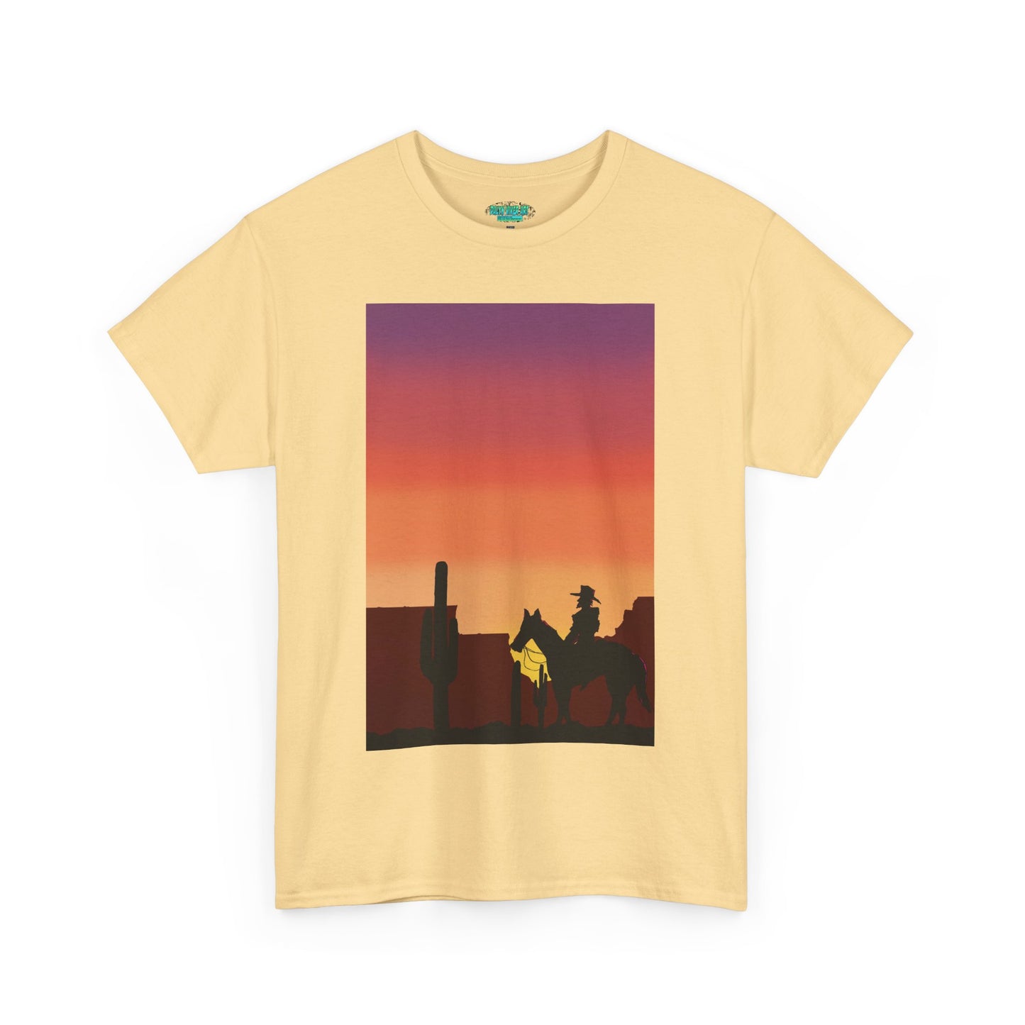 Sunset Cowboy Unisex Heavy Cotton Tee - Western Graphic Tee for Nature Lovers