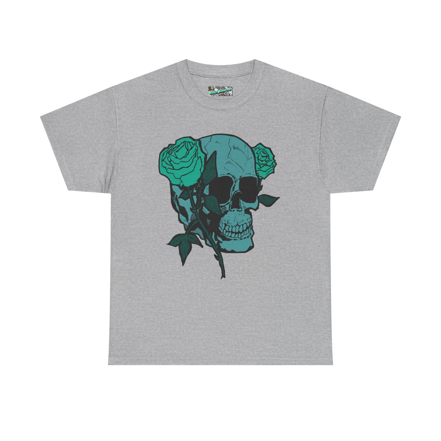 Skull & Roses Graphic Tee — Teal Skull Floral T-Shirt