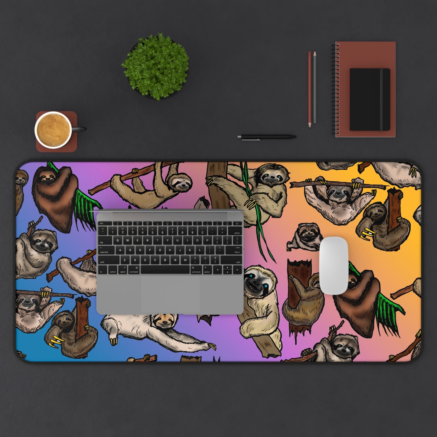 Colorful Sloth Pattern Desk Mat — Rainbow Gradient Mouse Pad for Cute Workspaces