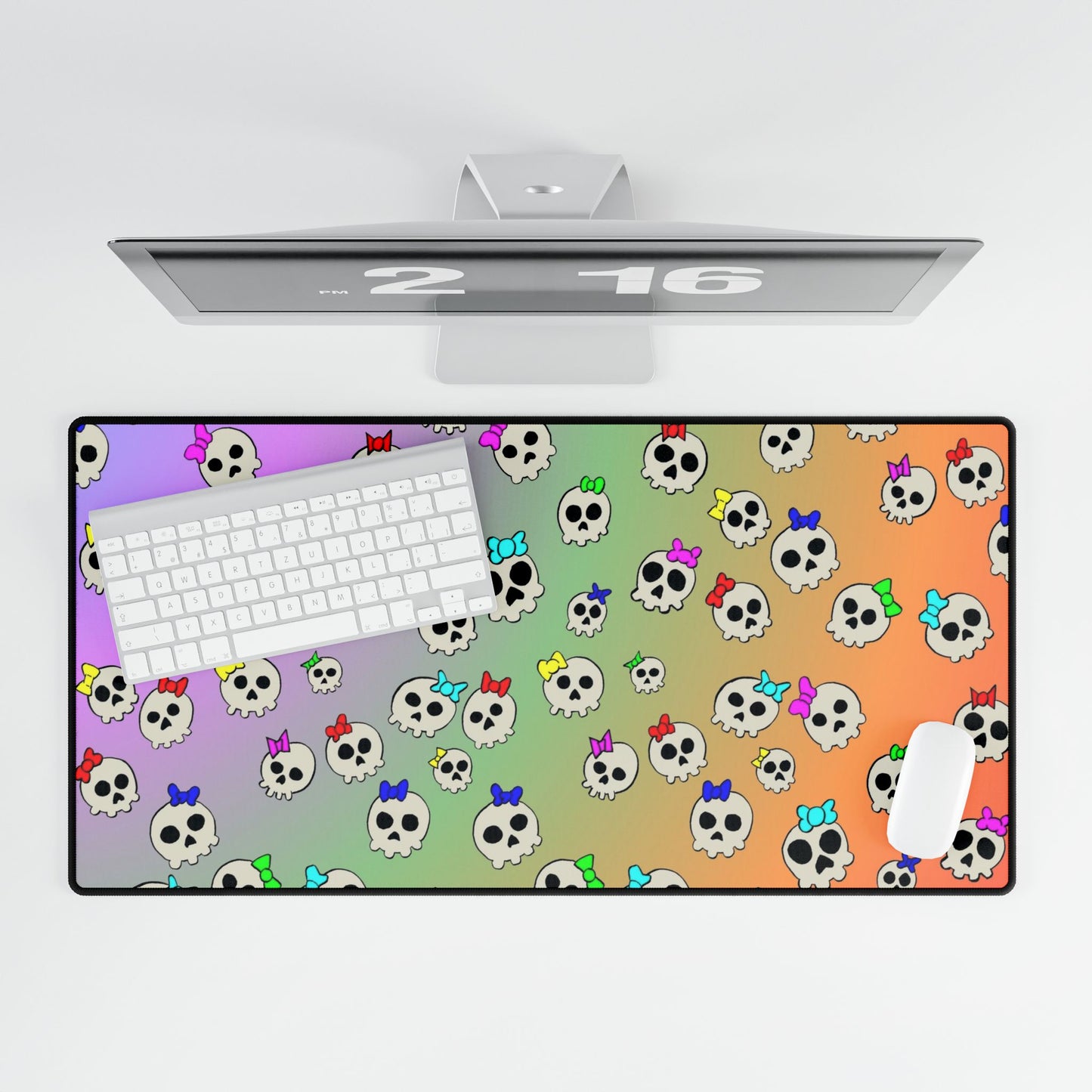 Rainbow Skull Pattern Desk Mat — Cute Pastel Skull Gaming Mouse Pad and Card Playing Mat