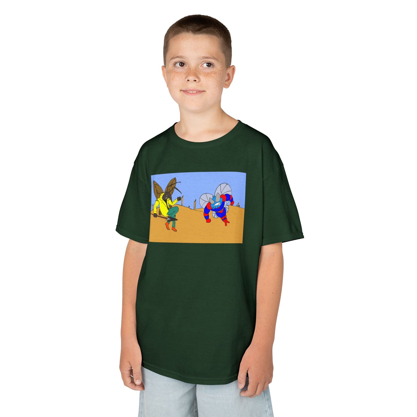 Astro-Fly and Wasp Warrior Kids Tee — Colorful Desert Beetle Cartoon Illustration