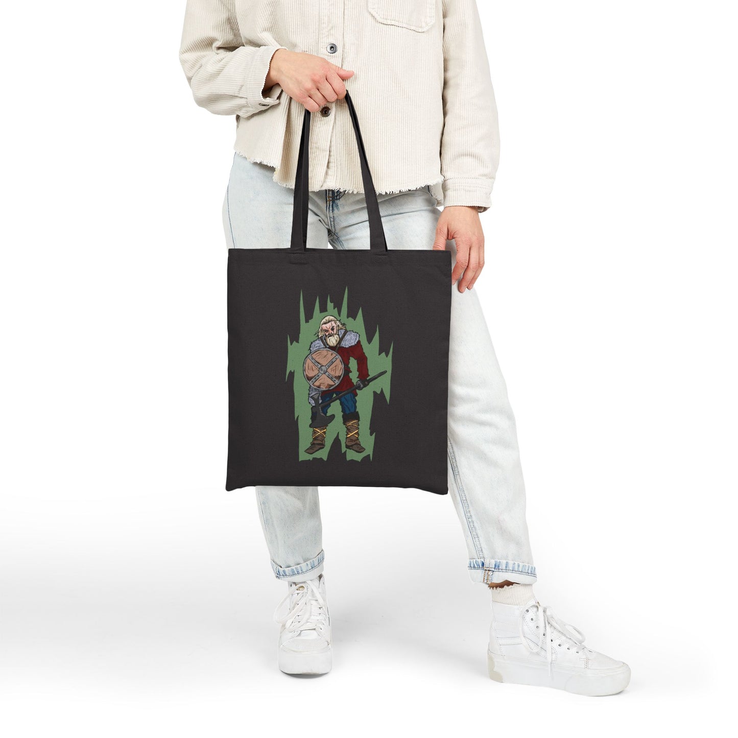 Viking Warrior Canvas Tote Bag – Norse Shield & Axe Graphic Cotton Tote