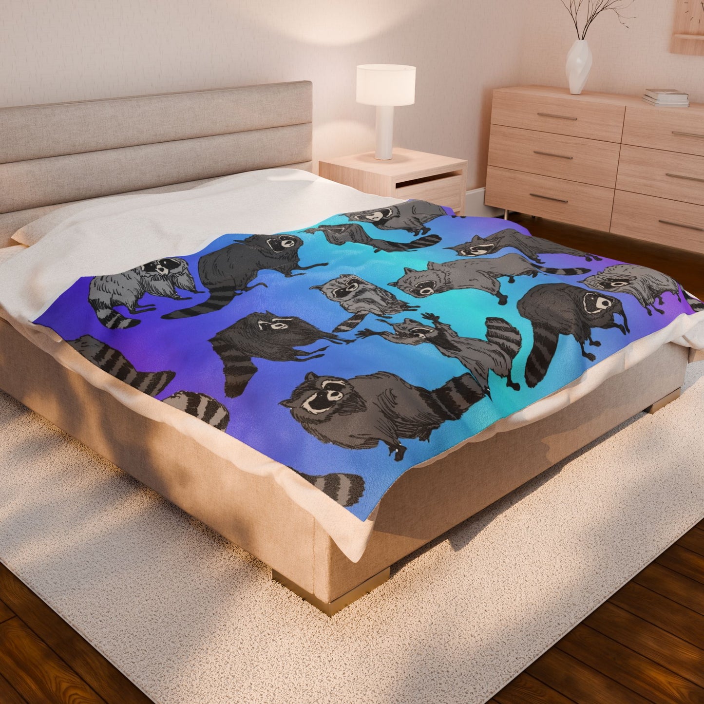 Raccoon Pattern Velveteen Plush Blanket — Cozy Blue Gradient Throw for Animal Lovers