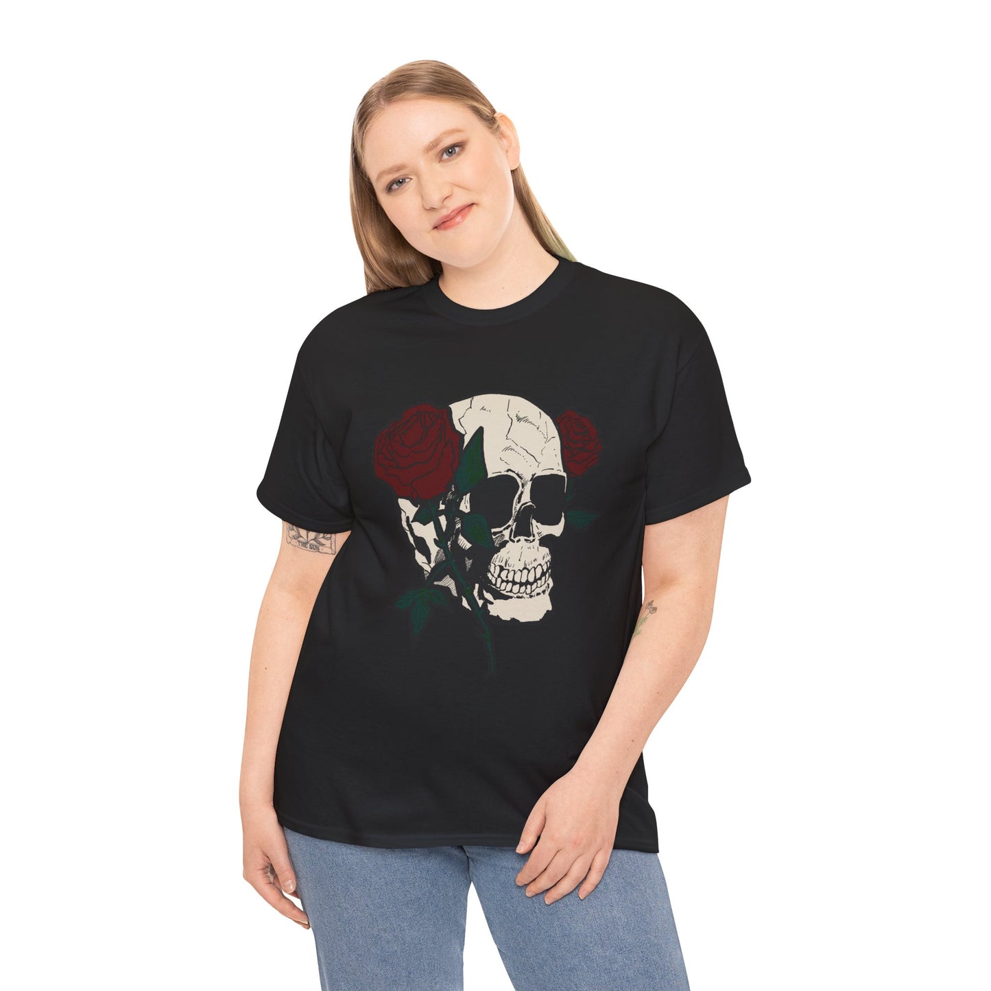 Skull and Roses Unisex Heavy Cotton Tee - Edgy Graphic T-Shirt for Impactful Style