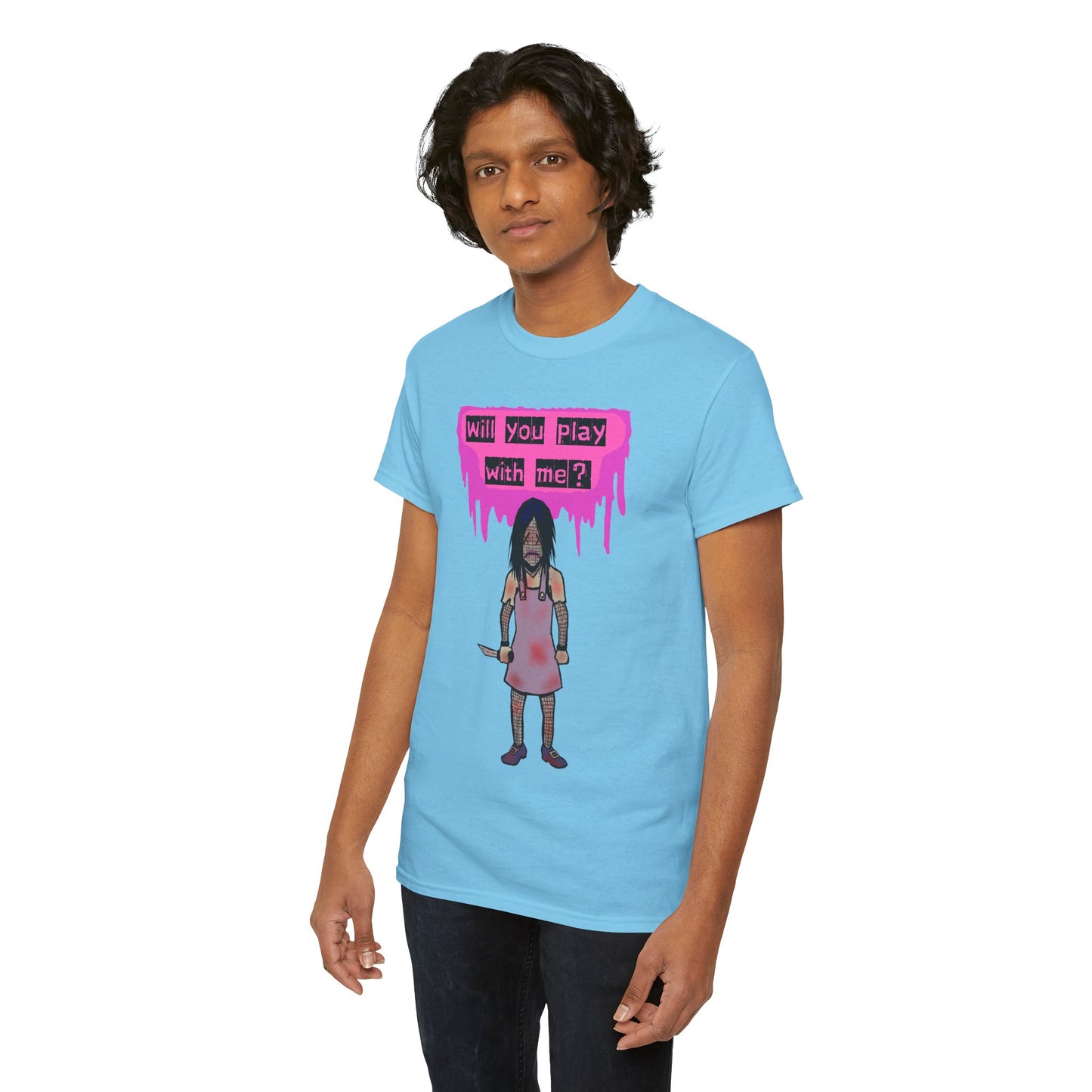 Playful Evil Doll Horror Graphic Tee, Unisex Heavy Cotton Shirt, Casual Wear, Unique Gift, Halloween Costume, Quirky Fashion