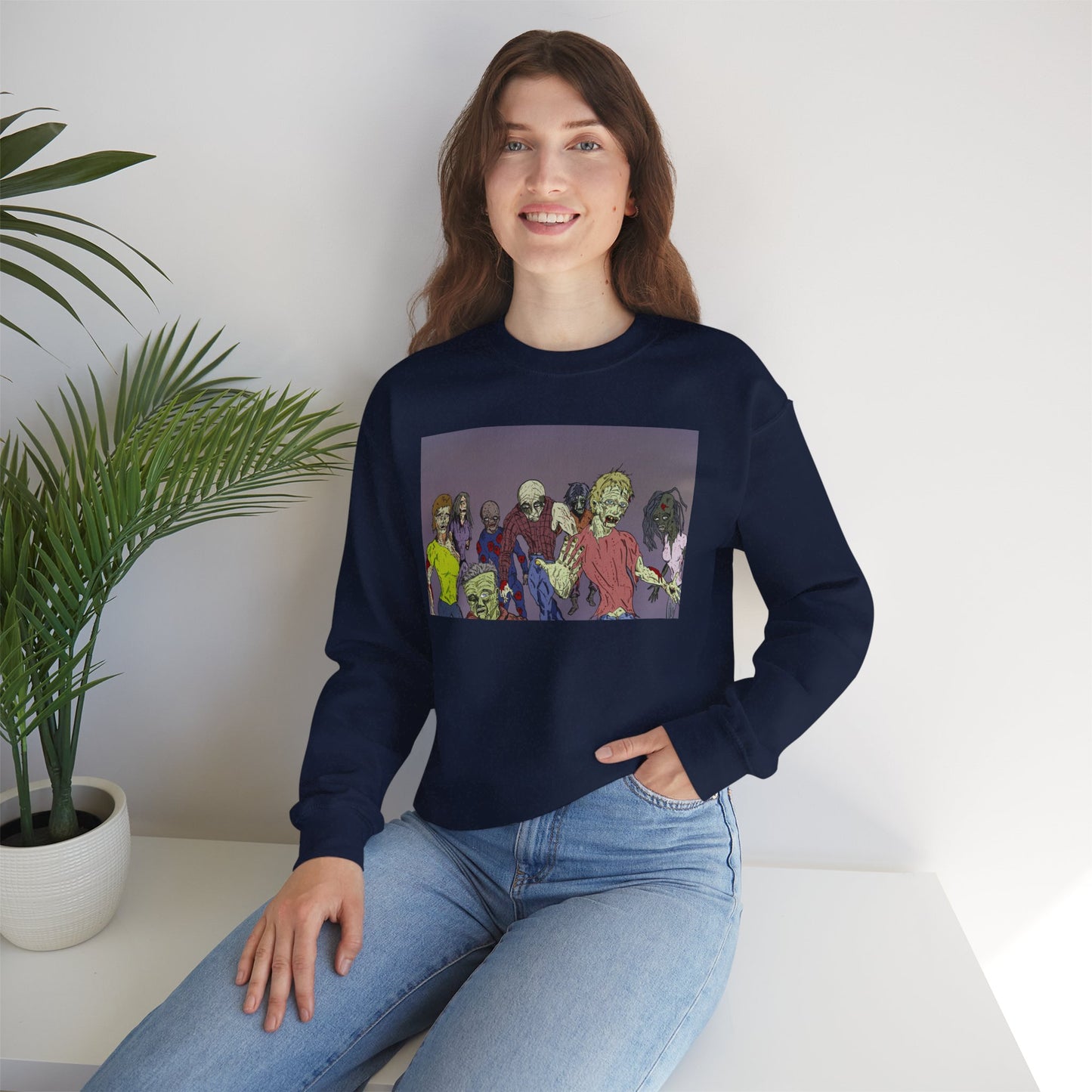 Zombie-Themed Unisex Crewneck Sweatshirt - Perfect for Halloween and Horror Lovers