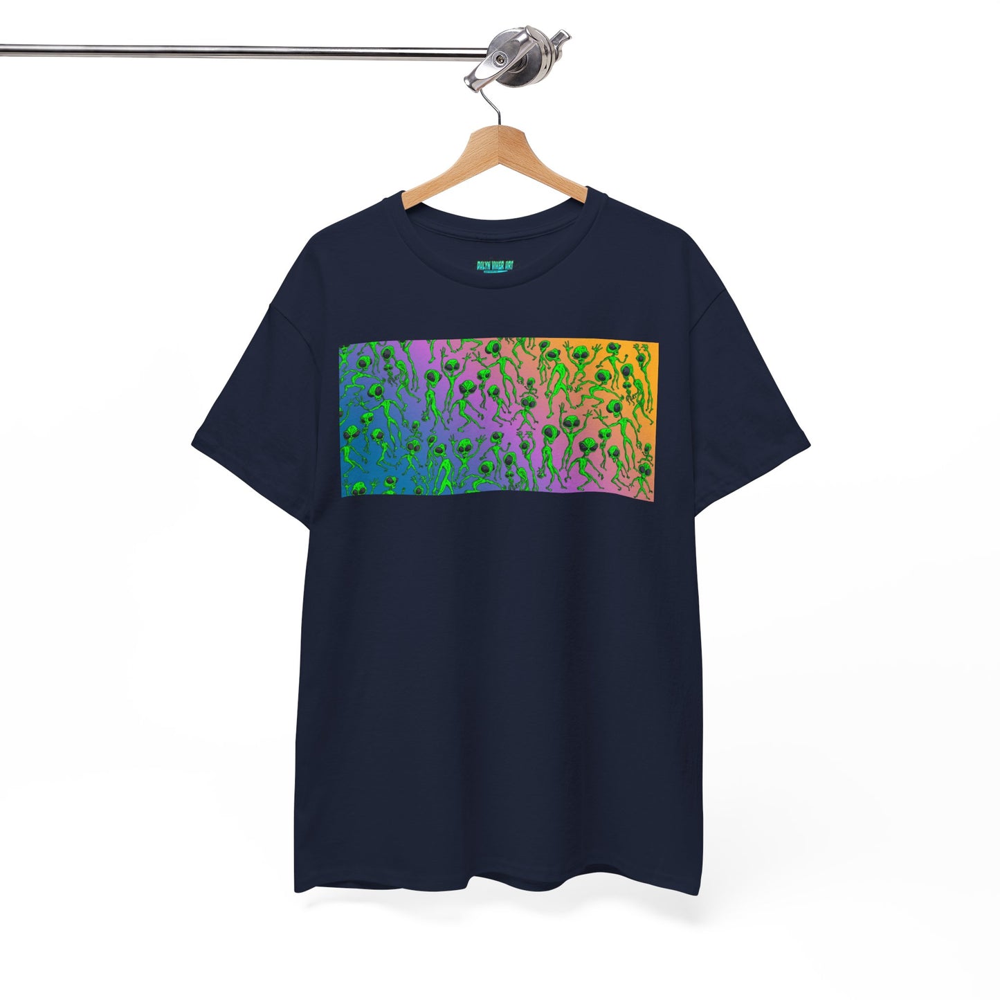 Alien Dance Party Gradient Tee — Colorful Psychedelic Green Aliens Art T-Shirt