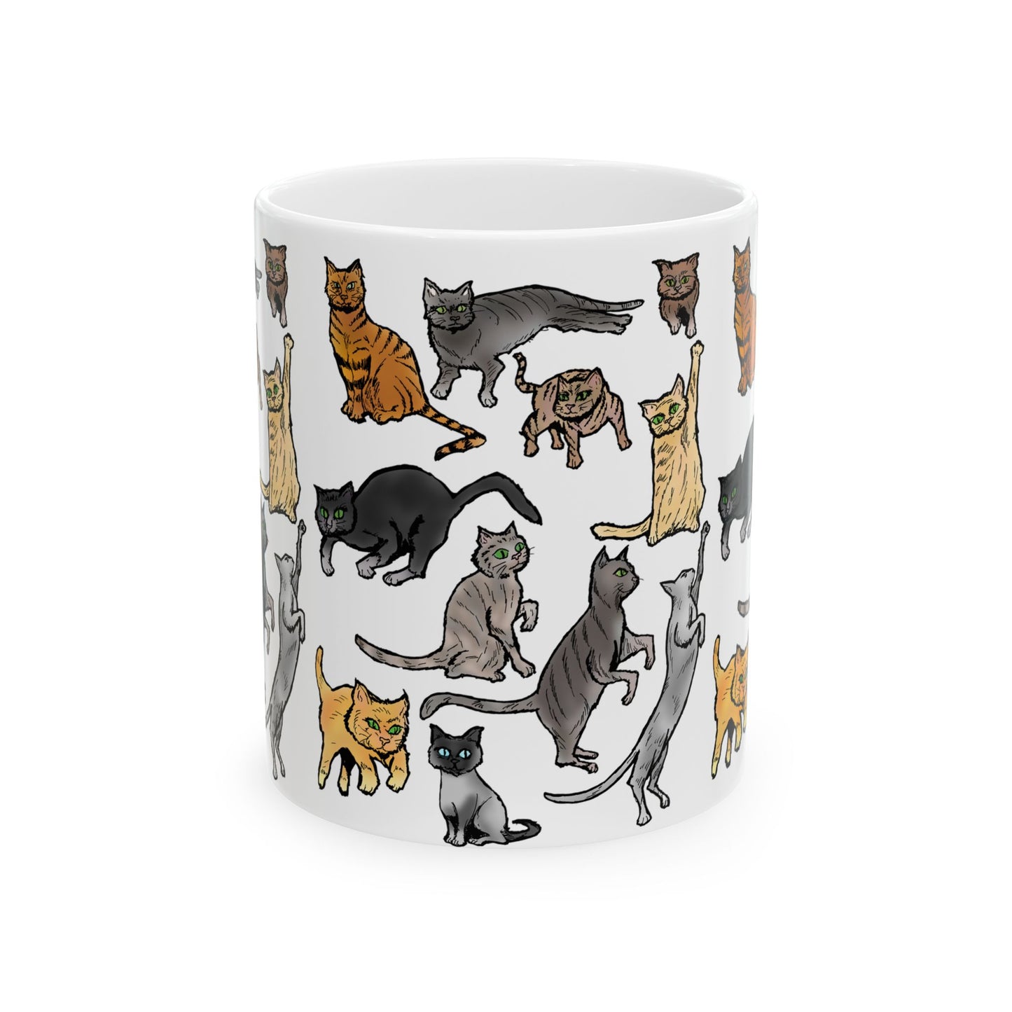 Cat Pattern Ceramic Mug — Cute Illustrated Cats Coffee Cup (11oz, 15oz)