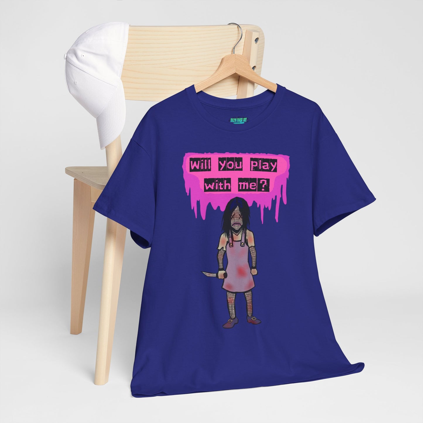 Playful Evil Doll Horror Graphic Tee, Unisex Heavy Cotton Shirt, Casual Wear, Unique Gift, Halloween Costume, Quirky Fashion