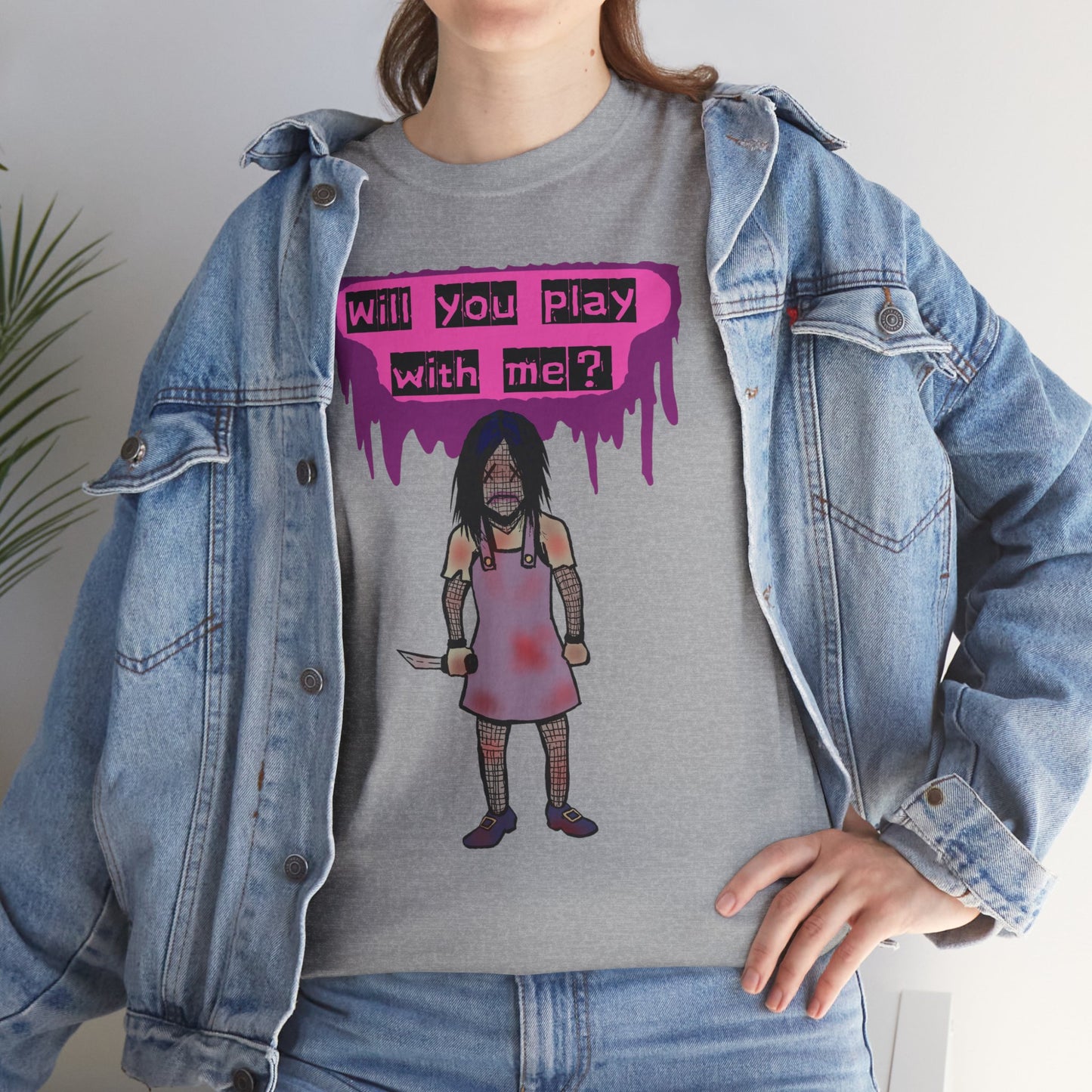 Chilling Evil Doll Horror Tee, Horror T-Shirt, Grey Tee, Unique Graphic Tee, Unisex Tee, Playful Scary Top, Halloween Shirt