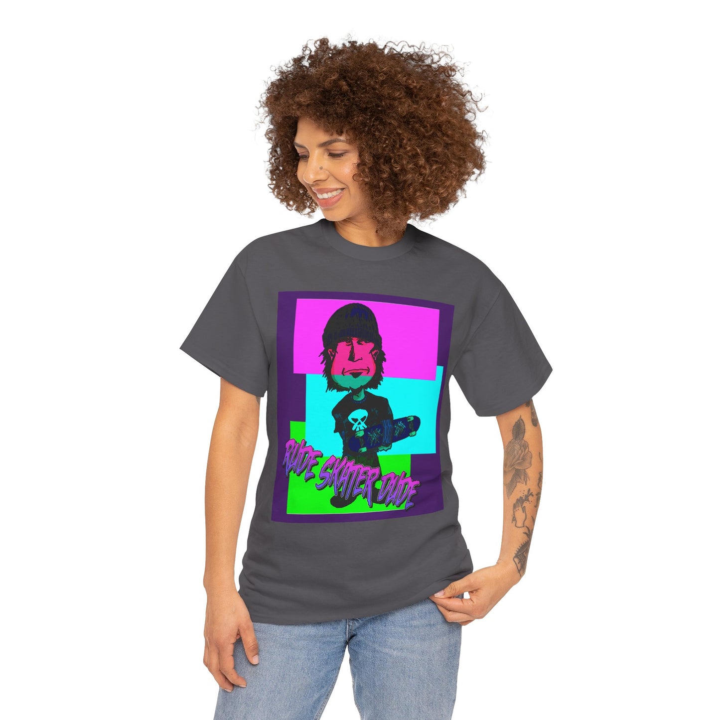 Retro Neon Skateboard Tee — "Rude Skater Dude" Graphic