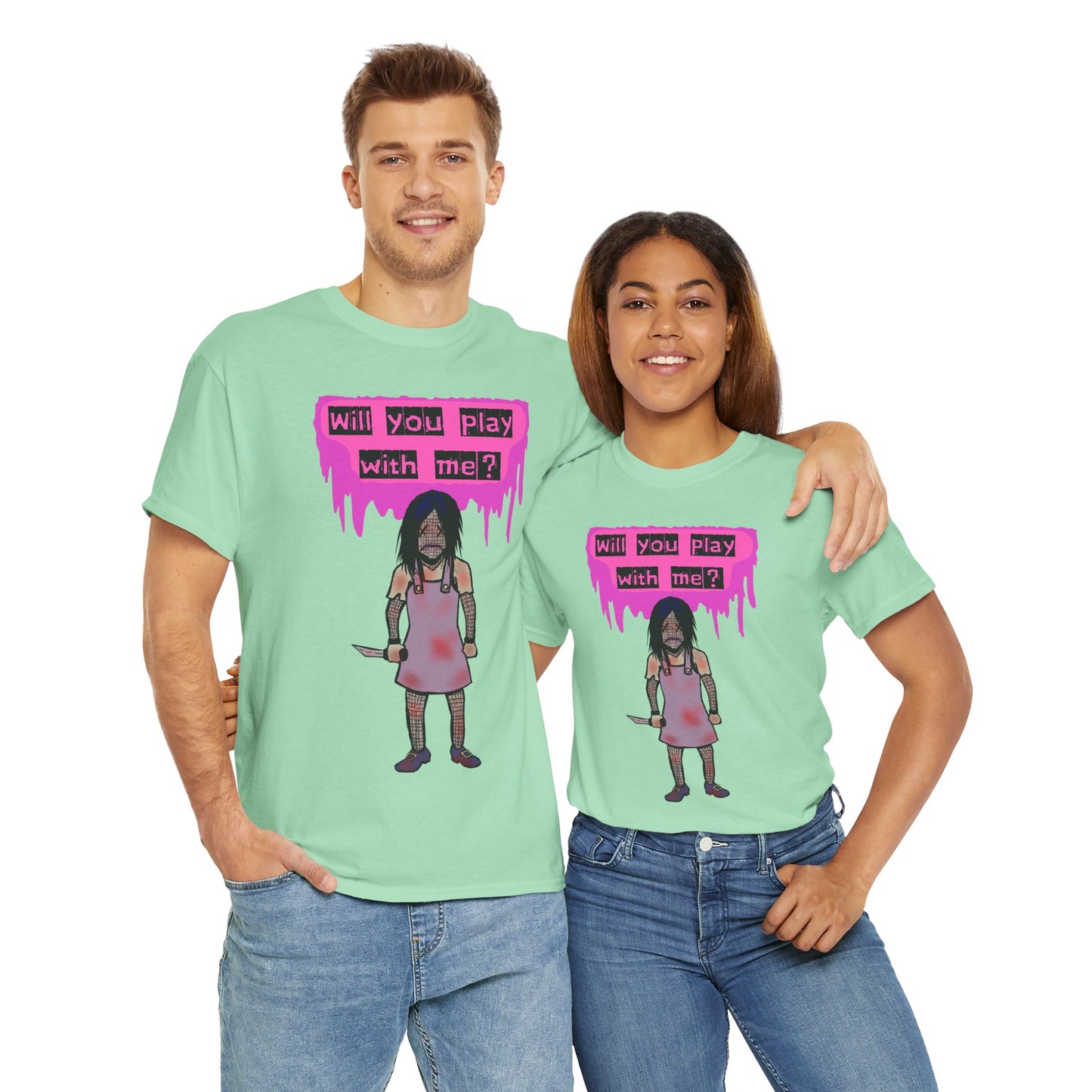 Playful Evil Doll Horror Graphic Tee, Unisex Heavy Cotton Shirt, Casual Wear, Unique Gift, Halloween Costume, Quirky Fashion