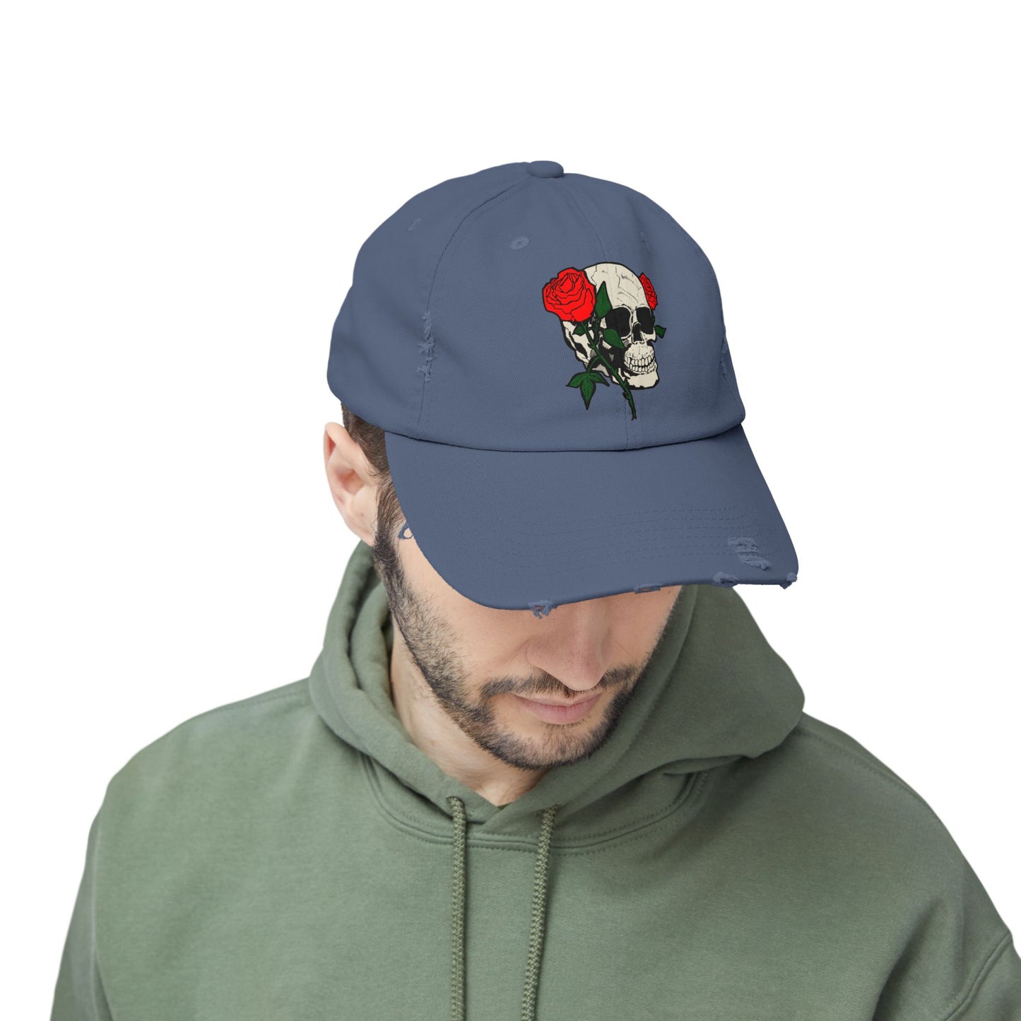 Skull and Roses Distressed Unisex Cap – Edgy Fashion Accessory for Music Lovers