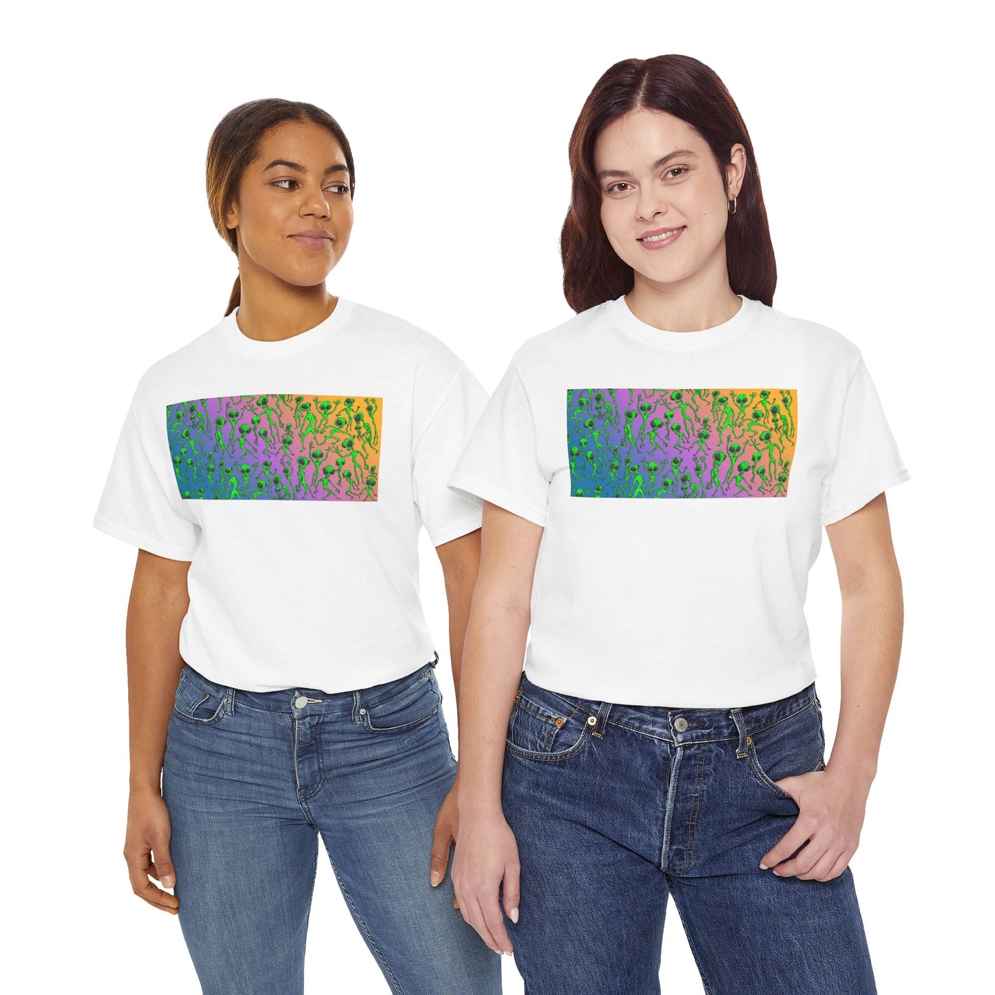Alien Dance Party Gradient Tee — Colorful Psychedelic Green Aliens Art T-Shirt