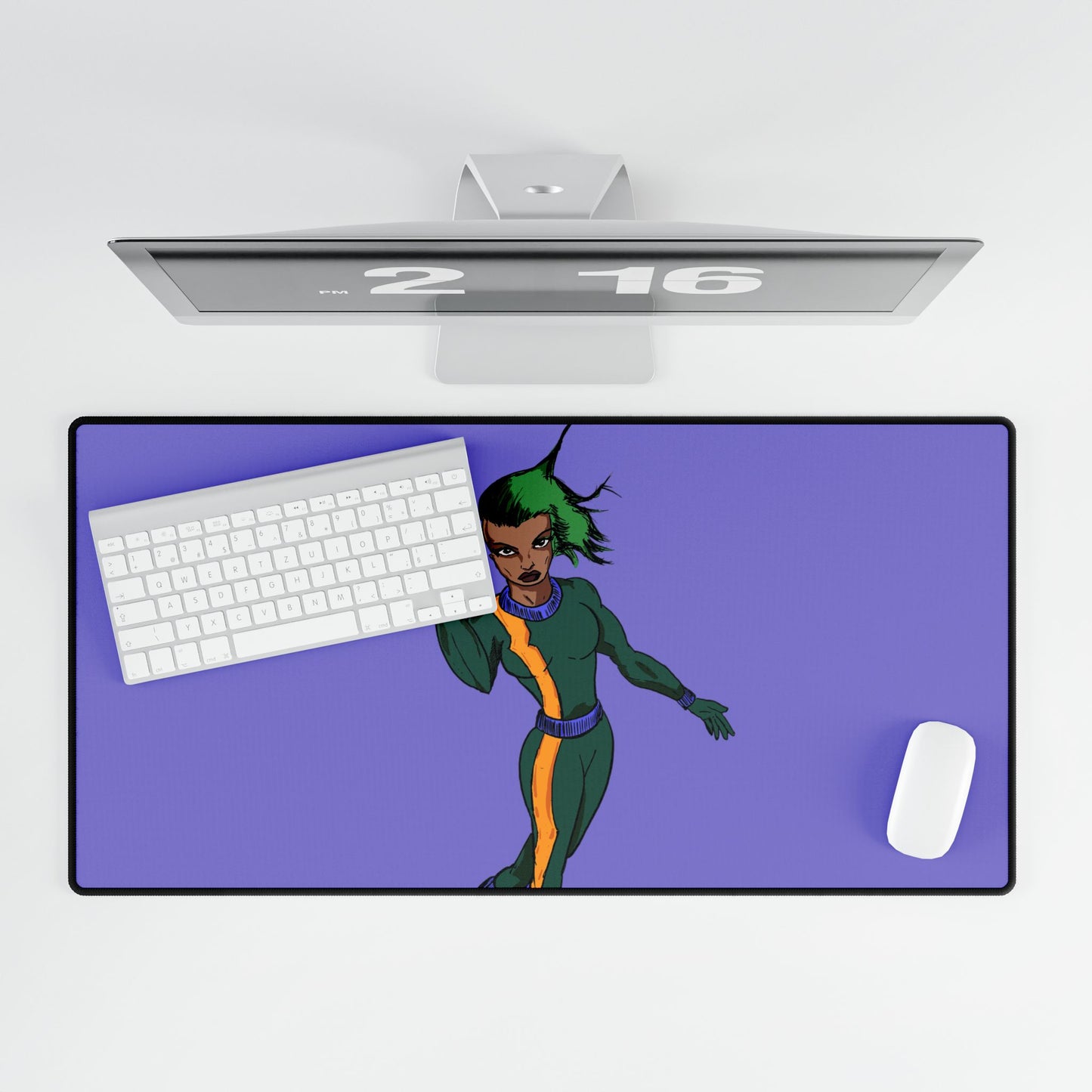 Purple Sci‑Fi Hero Desk Mat – Gamer Mouse Pad with Futuristic Female Character