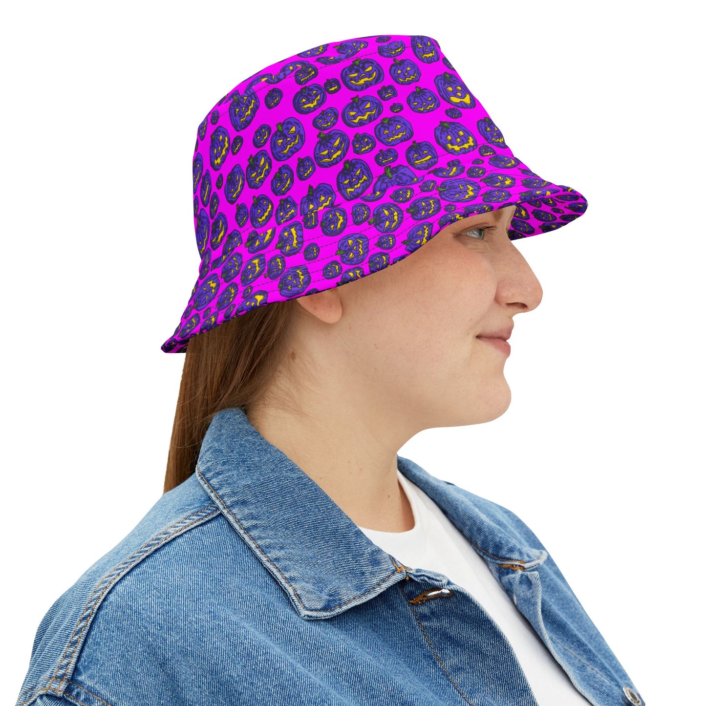 Vibrant Pumpkin Print Bucket Hat, Halloween Hat, Trendy AOP Hat, Fun Outdoor Accessory, Fall Fashion
