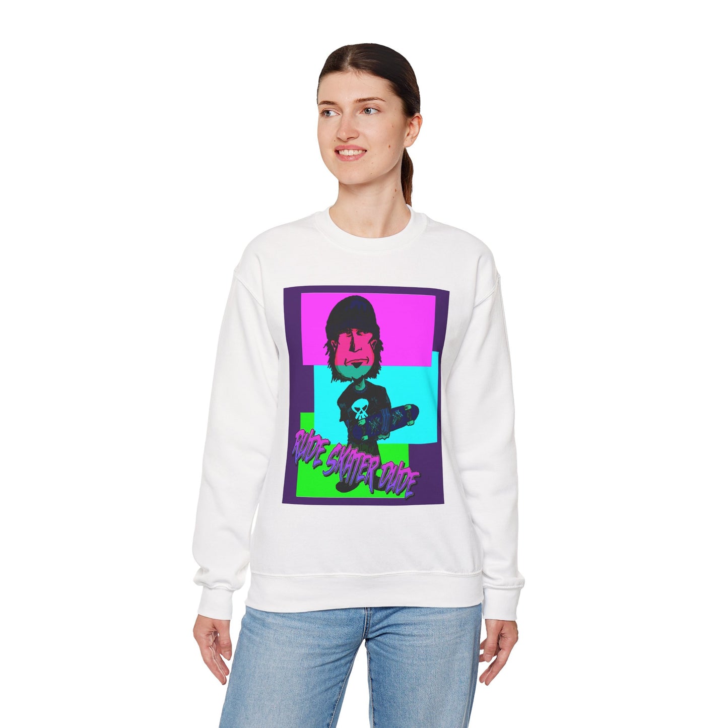 Crewneck Sweatshirt — Retro Neon Skate Punk "Rude Skater Dude" Graphic