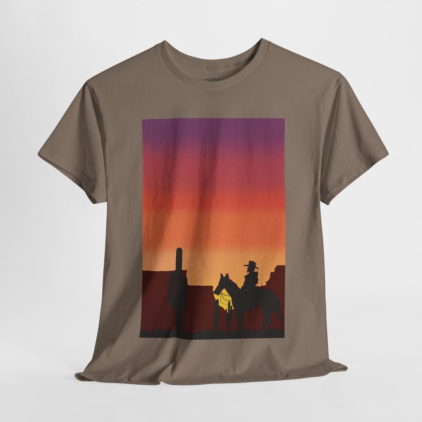 Sunset Cowboy Unisex Heavy Cotton Tee - Western Graphic Tee for Nature Lovers